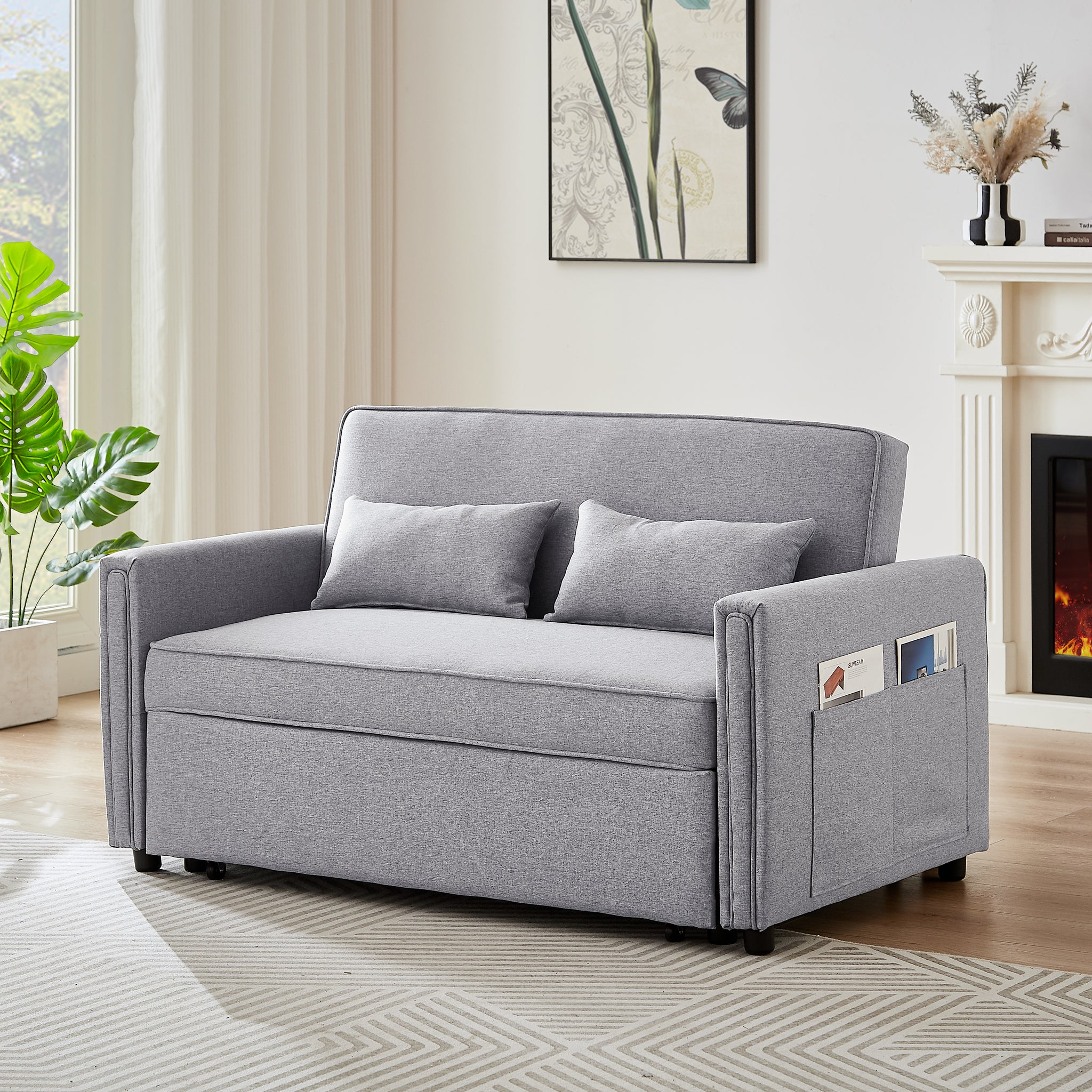Modern Linen Convertible Loveseat Sleeper Sofa Couch With Adjustable Backrest, 2 Seater Sofa With Pull Out Bed With 2 Lumbar Pillows For Small Living Room & Apartment Grey Polyester