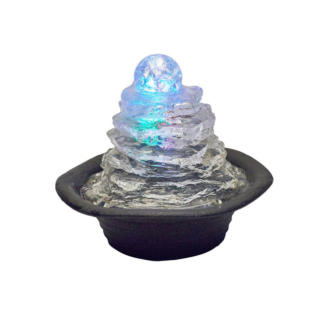 7.5" Tall Indoor Fountain W Led Light And 1L Capacity, Ice Mountain Design Clear Polyresin