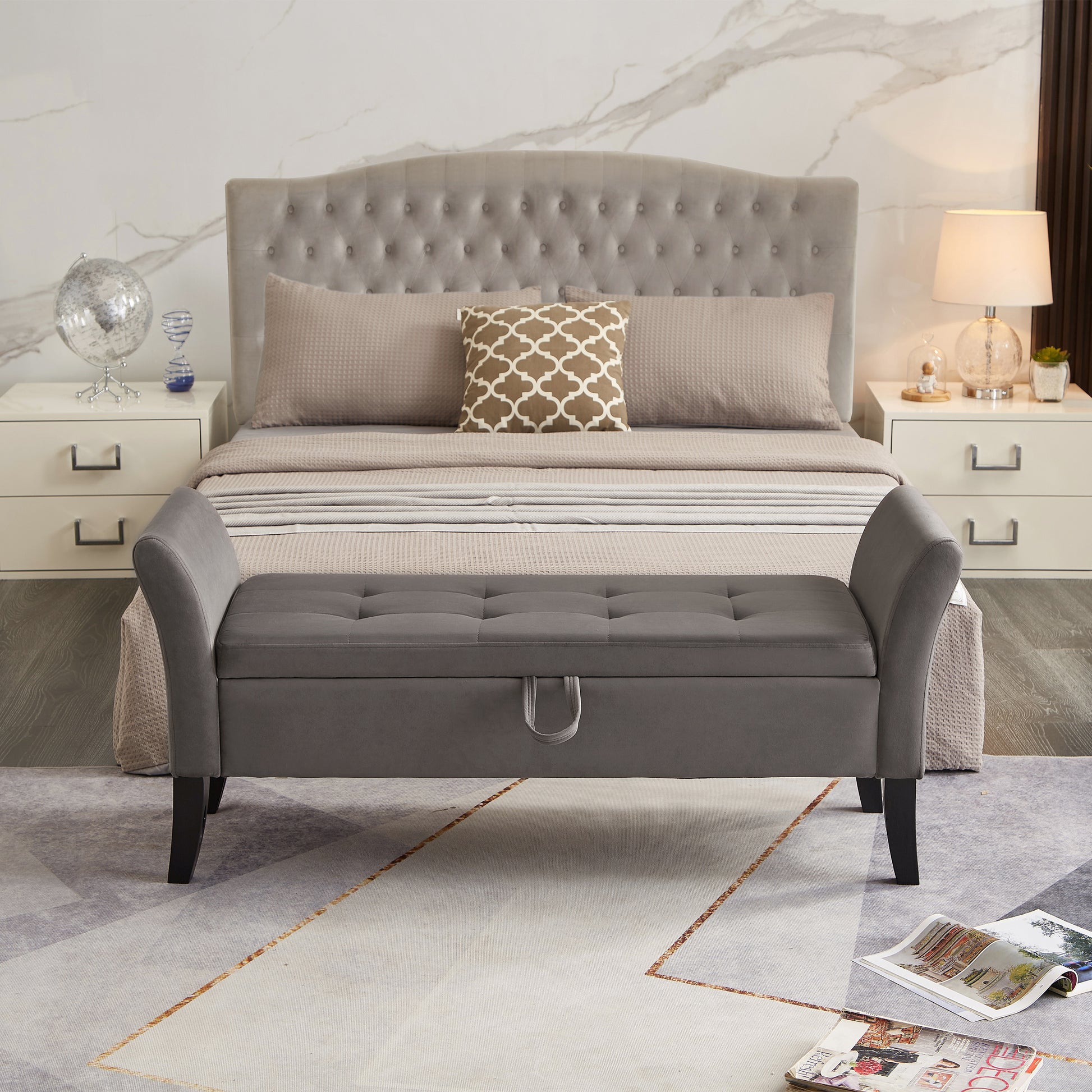 51.5" Bed Bench With Storage Grey Velvet Grey Foam Velvet