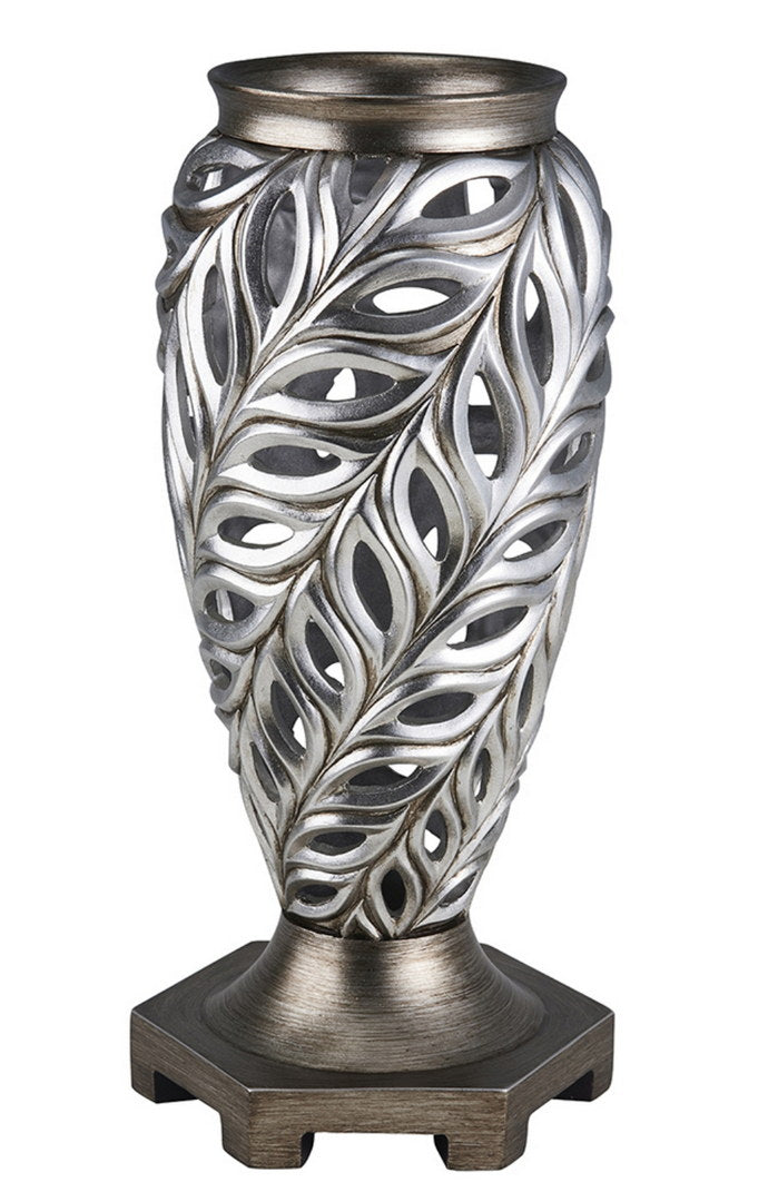 15.75" Tall Polyresin Decorative Vase "Kiara", Silver Peacock Feathers Design Silver Polyresin