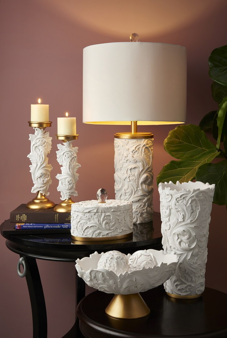 8.75" Alba White Gold Baroque Scroll Bowl W Spheres Gold Polyresin