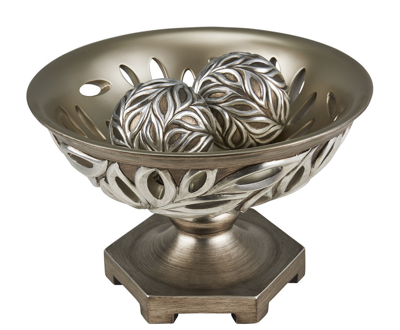 12.75" Long Polyresin Decorative Bowl "Kiara", Silver Peacock Feathers Design Silver Polyresin