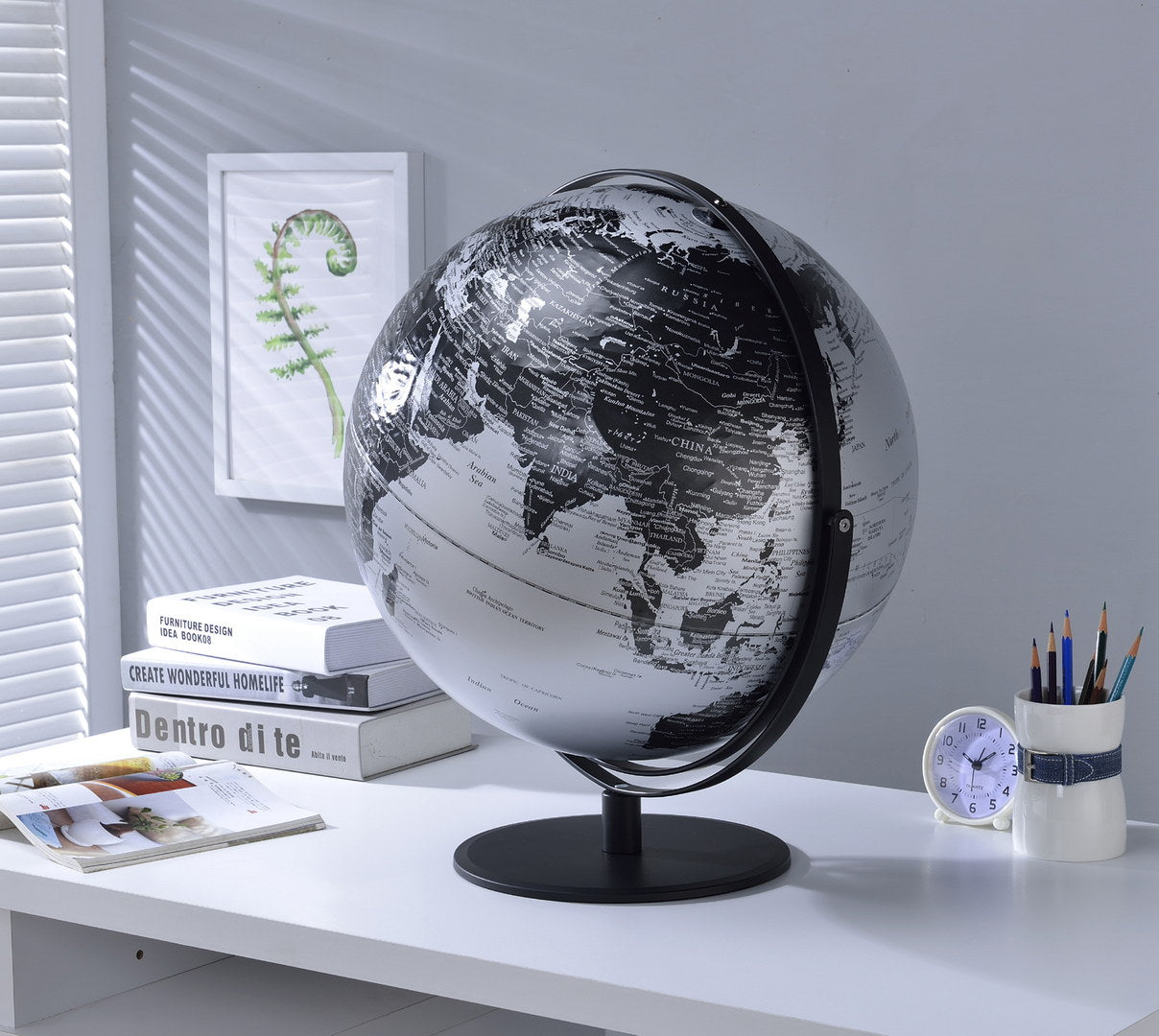20.5" Tall Black And Silver Globe With 3D Mountain Landscape Black Polyresin