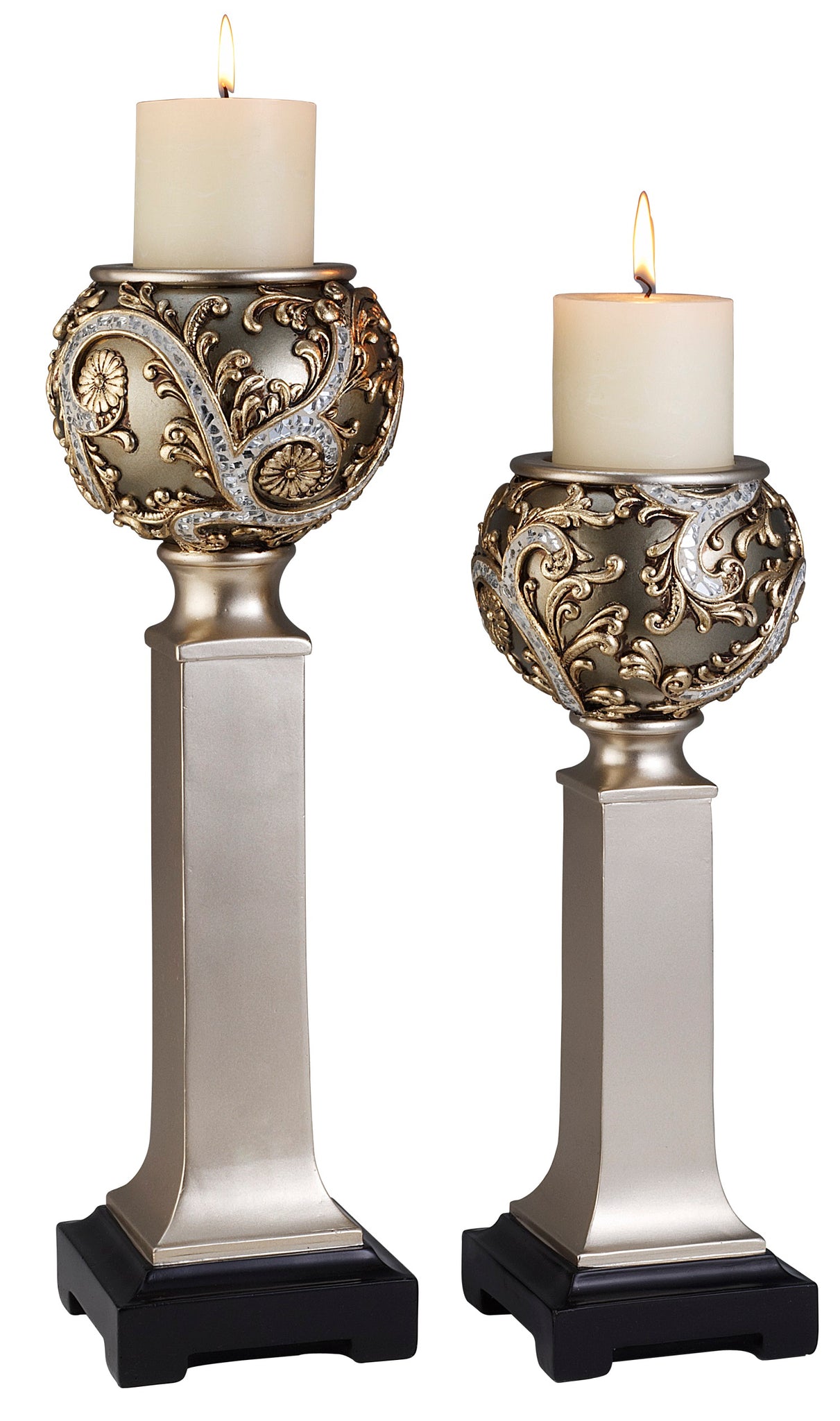 15" And 19" Polyresin "Vine" Candleholder, Silver Finish Set Of 2 Silver Polyresin
