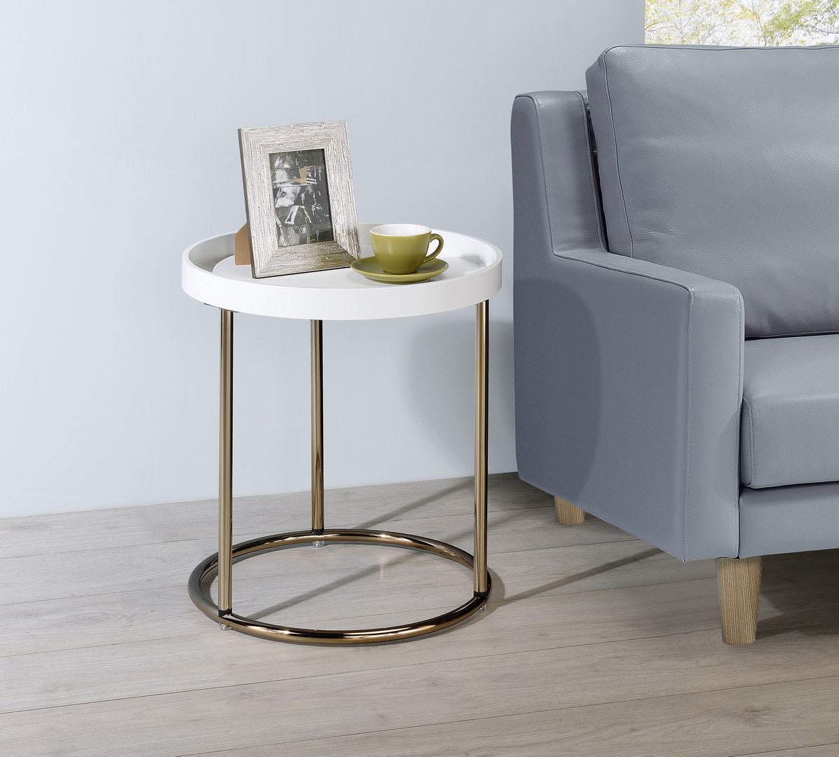 21.75" White Edie Mid Century Lipped Edge Side Table W Copper Legs White Metal