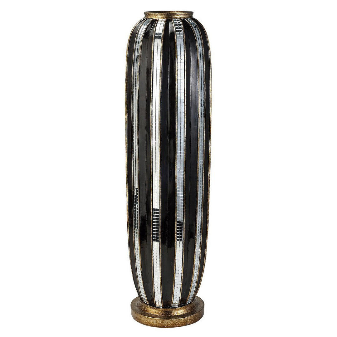 21" Tall Polyresin Decorative Vase, Gold Finish With Mosaic Glass Stripes Multicolor Polyresin