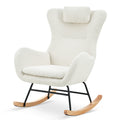 Rocking Chair Nursery, Teddy Upholstered Rocker Glider Chair With High Backrest, Adjustable Headrest & Pocket, Comfy Glider Chair For Nursery, Bedroom, Living Room, Offices, Rubber Wood, White White Polyester