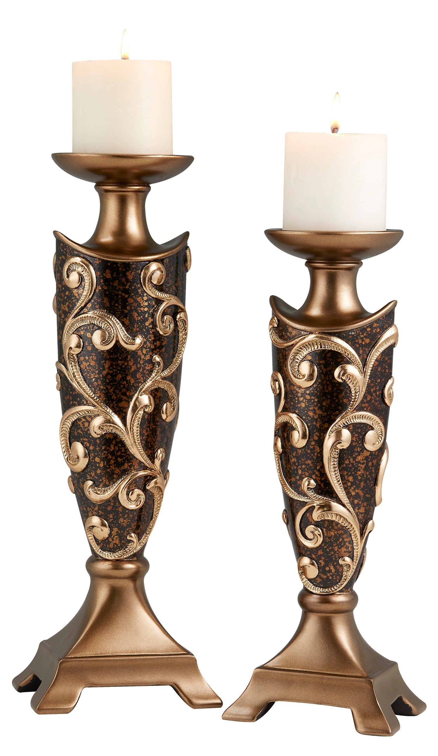 14" And 16" Tall Polyresin "Odysseus" Candleholder, Baroque Style Set Of 2 Multicolor Polyresin