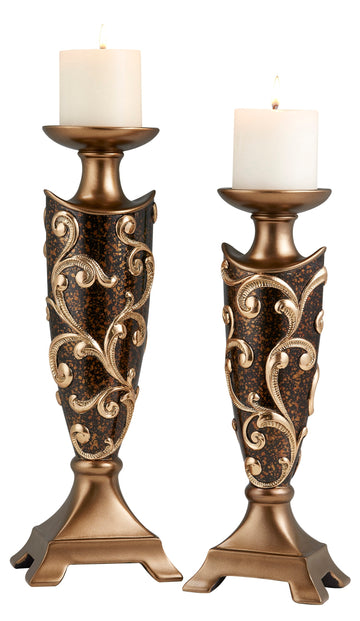14" And 16" Tall Polyresin "Odysseus" Candleholder, Baroque Style Set Of 2 Multicolor Polyresin