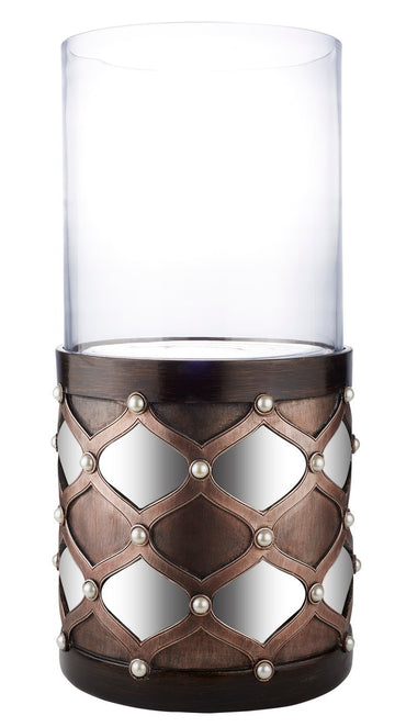 22" Tall Candleholder With Hurricane Glass, Arabesque Mirror Design Brown Polyresin
