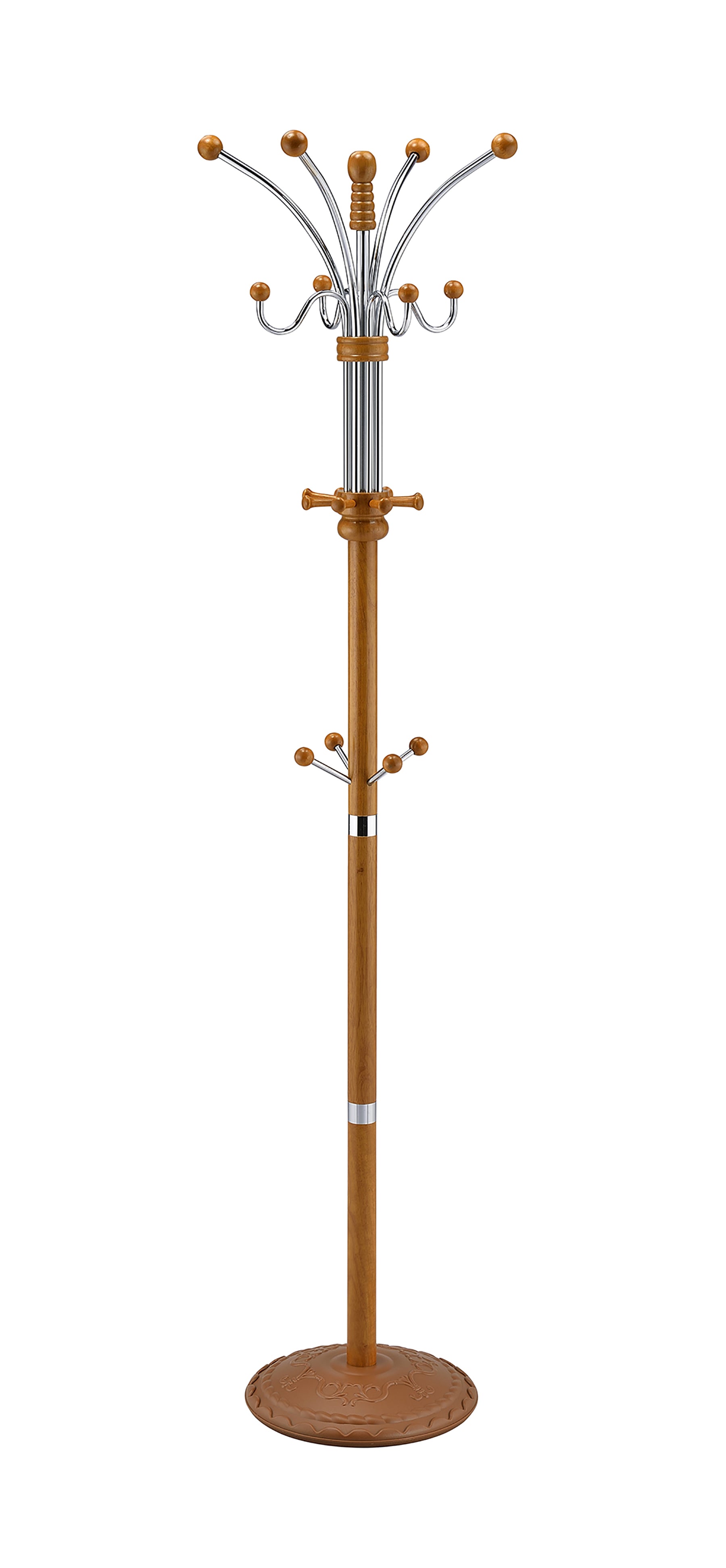 73" Tall Chrome And Wood Coat Rack, Oak Finish Oak Wood