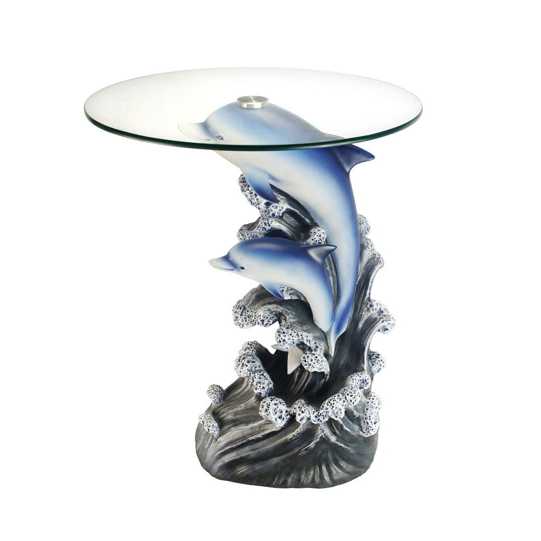 24" Tall Glass Top End Table, Polyresin Dolphin Base Multicolor Polyresin