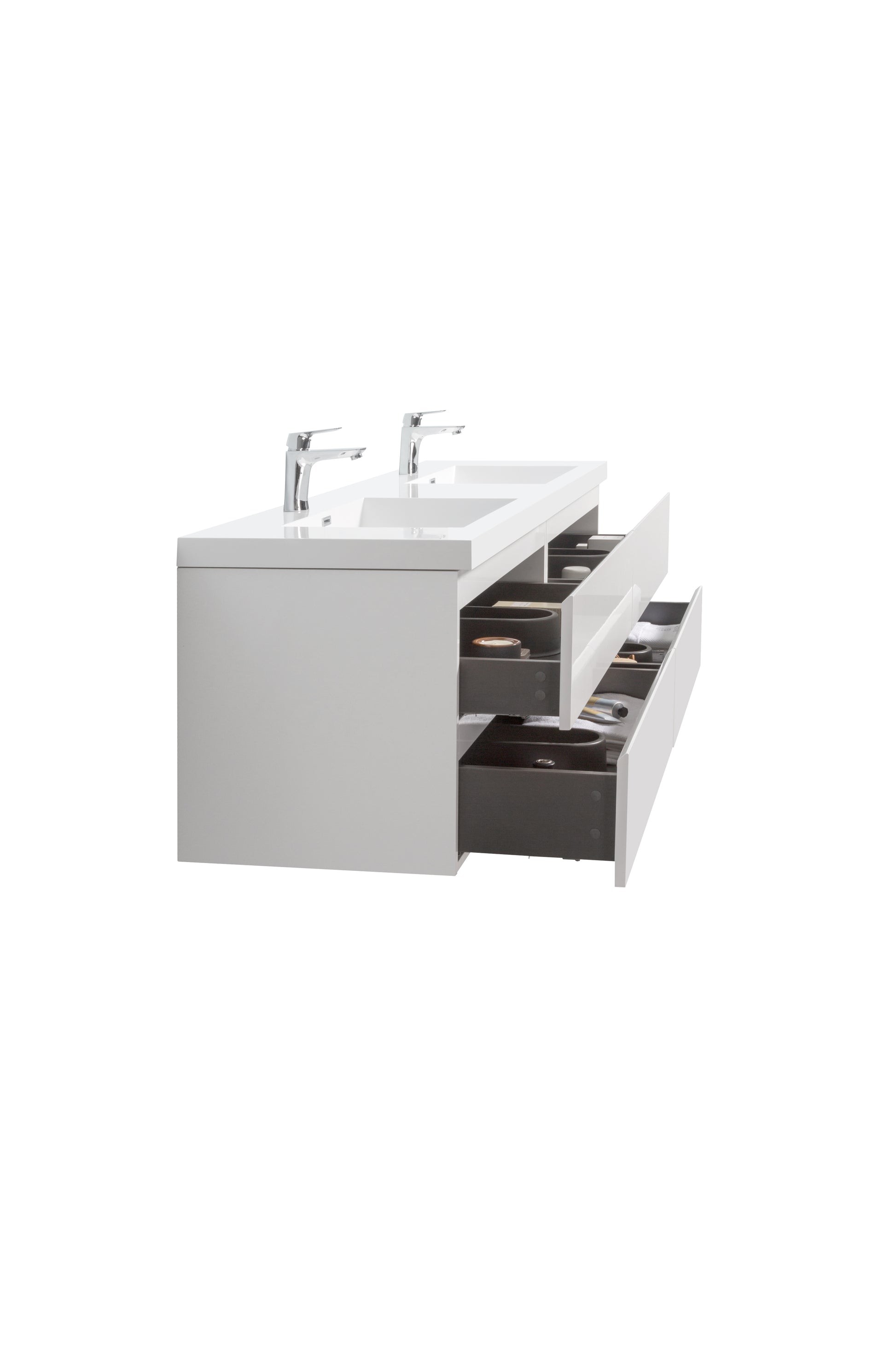 71'' Wall Mounted Double Bathroom Vanity In Gloss White With White Solid Surface Vanity Top Gloss White Wood