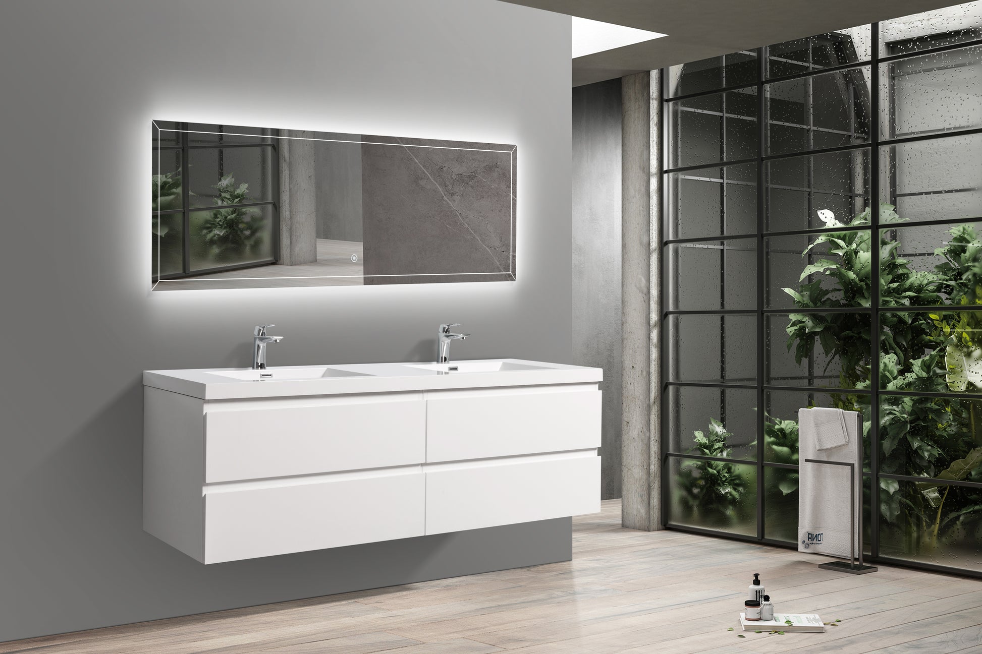 71'' Wall Mounted Double Bathroom Vanity In Gloss White With White Solid Surface Vanity Top Gloss White Wood