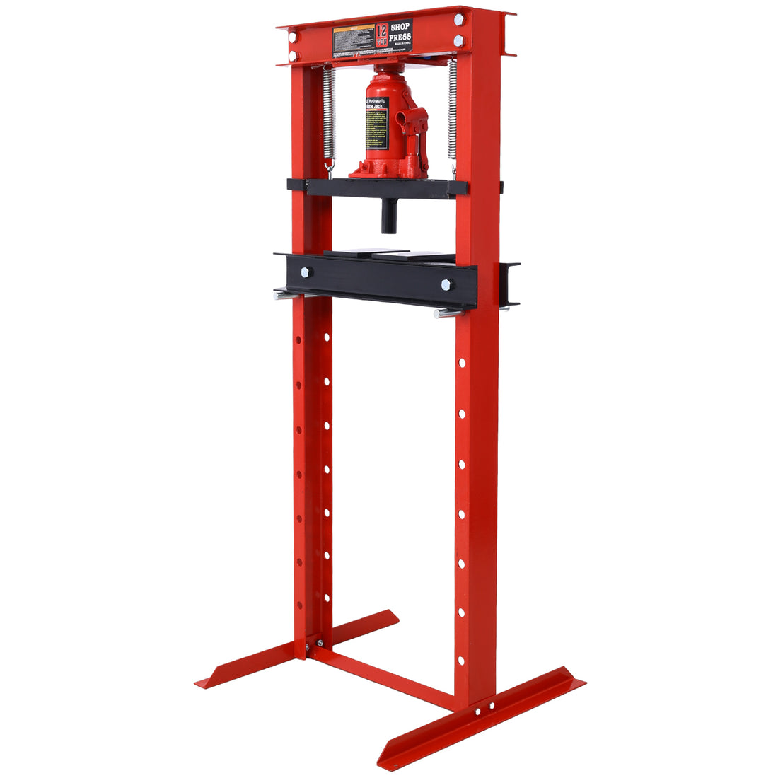 Hydraulic Shop Press ,12 Ton Capacityfloor Mount ,With Press Plates, H Frame Garage Floor Press, Adjustable Working Table Height,Red Red Steel
