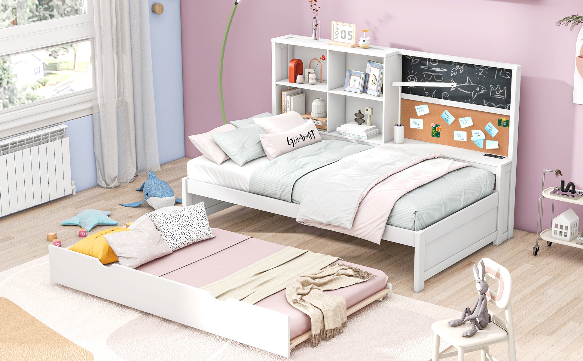 Twin Size Daybed With Storage Shelves, Blackboard, Cork Board, Usb Ports And Twin Size Trundle, White Box Spring Not Required Twin White Wood Pine Daybeds Solid Wood Mdf