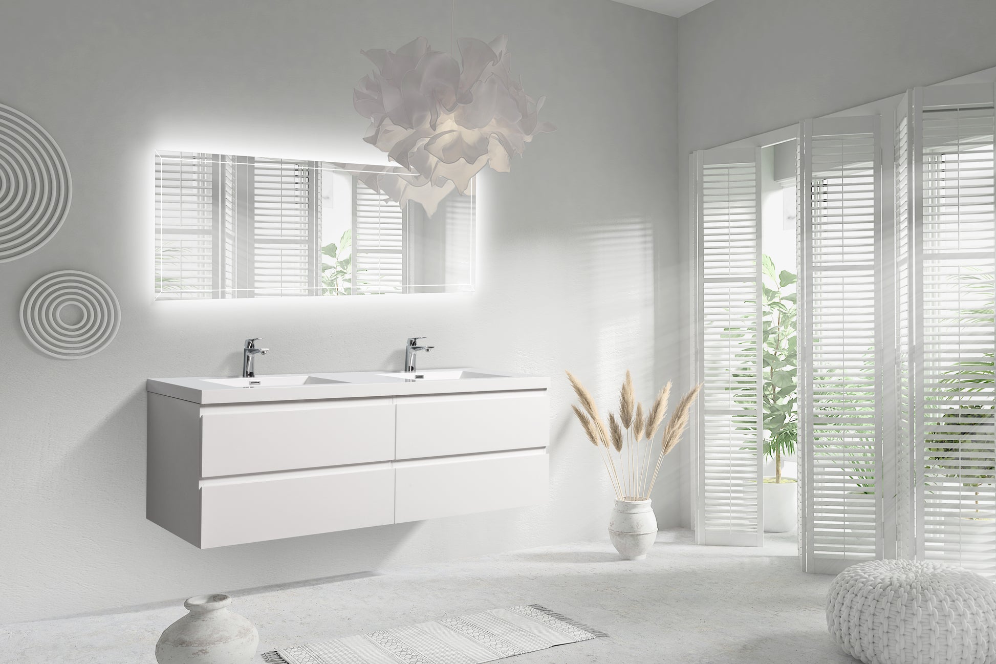 71'' Wall Mounted Double Bathroom Vanity In Gloss White With White Solid Surface Vanity Top Gloss White Melamine