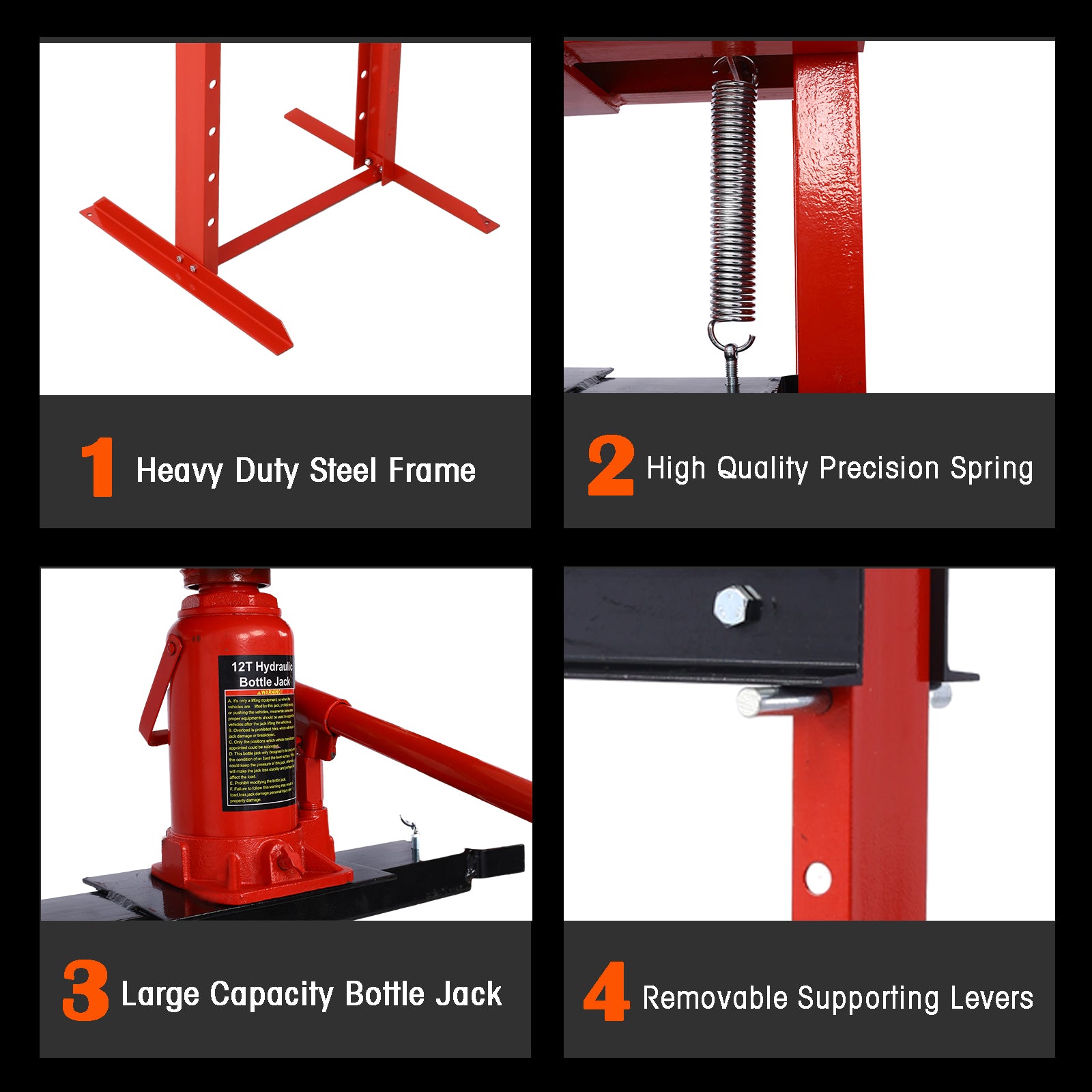Hydraulic Shop Press ,12 Ton Capacityfloor Mount ,With Press Plates, H Frame Garage Floor Press, Adjustable Working Table Height,Red Red Steel