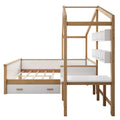 Full Size Wooden House Bed White And Original Wood Colored Frame With Drawer, Desk And Bookshelf For Children Or Guest Room White Wood