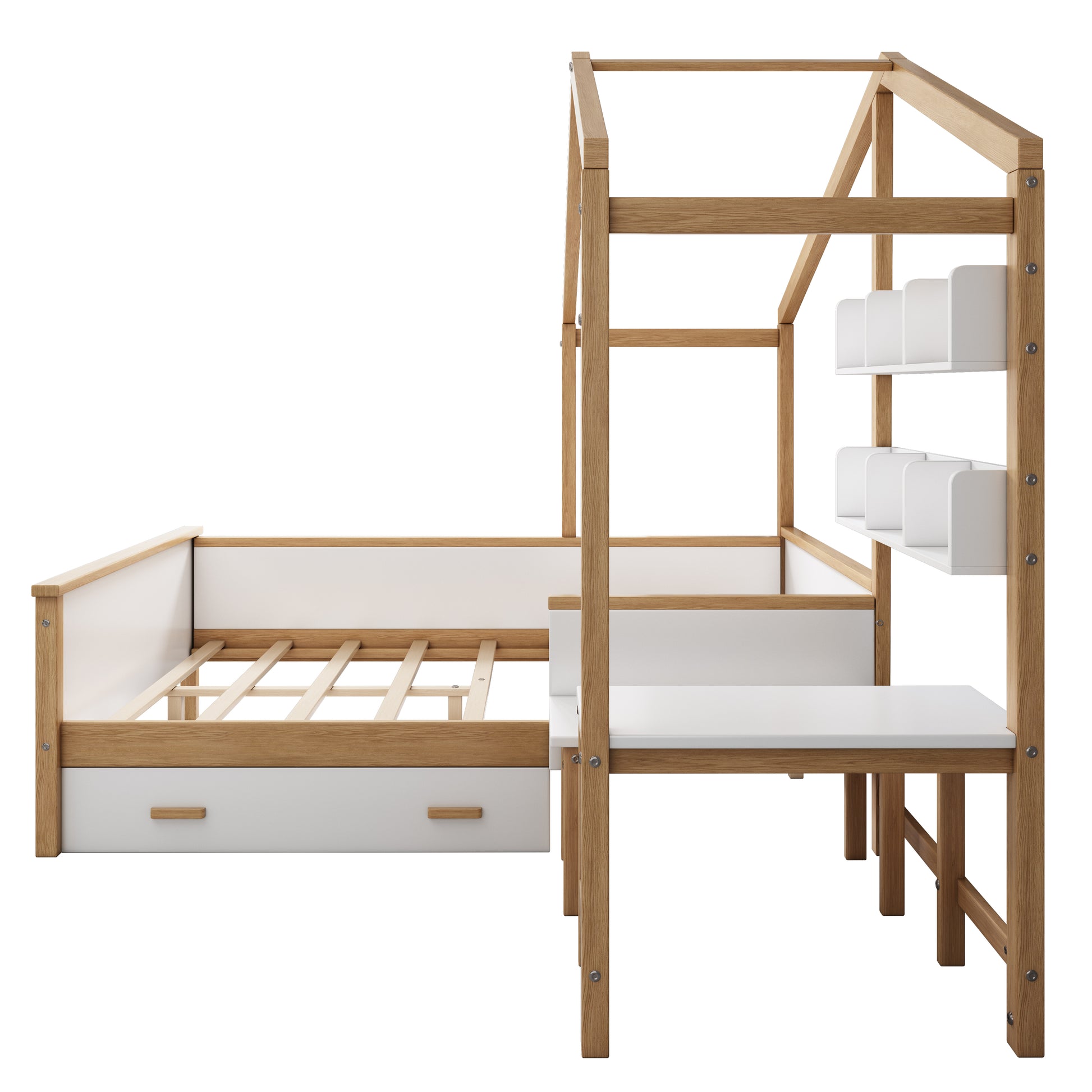 Full Size Wooden House Bed White And Original Wood Colored Frame With Drawer, Desk And Bookshelf For Children Or Guest Room White Wood