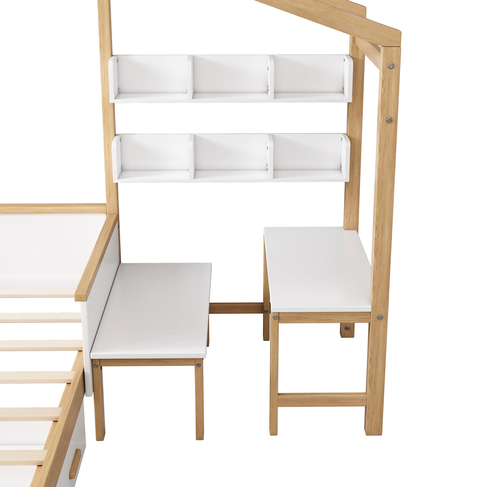 Full Size Wooden House Bed White And Original Wood Colored Frame With Drawer, Desk And Bookshelf For Children Or Guest Room White Wood