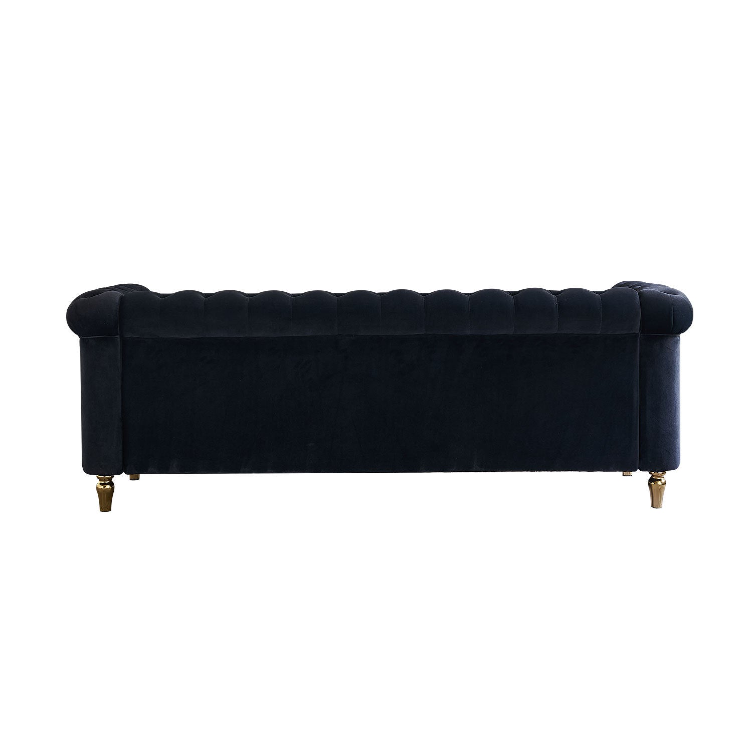 Chesterfield Velvet Sofa 84.65 Inch For Living Room Black Color Black Velvet Wood Tufted Back Mid Century Modern Rolled Arms Foam Velvet 3 Seat