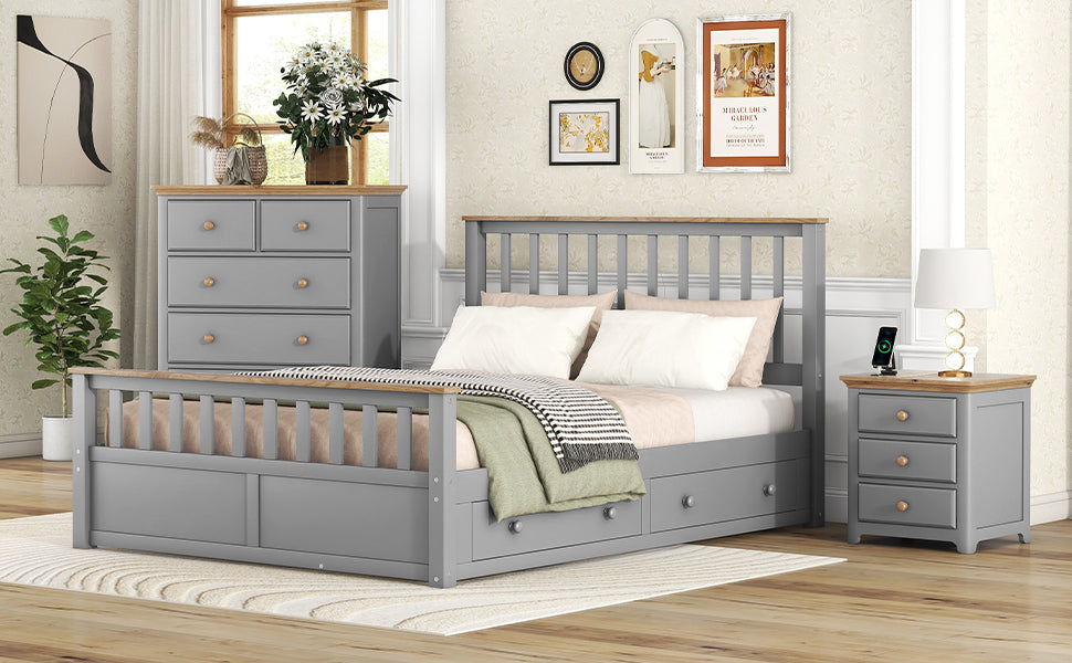 3 Pieces Bedroom Sets Queen Size Platform Bed With Nightstand Usb Charging Ports And Storage Chest,Gray Natrual Gray Solid Wood