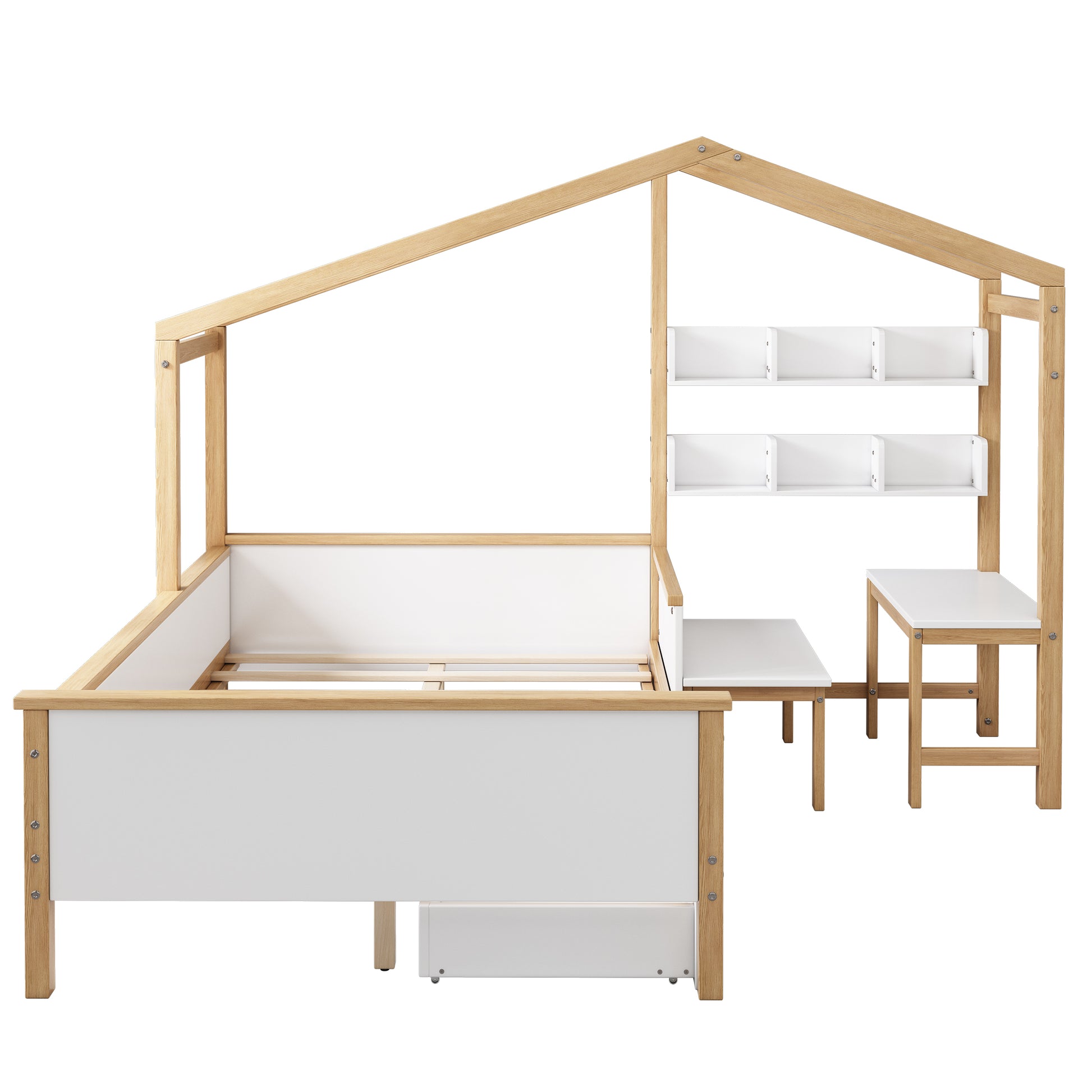 Full Size Wooden House Bed White And Original Wood Colored Frame With Drawer, Desk And Bookshelf For Children Or Guest Room White Wood
