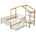 Full Size Wooden House Bed White And Original Wood Colored Frame With Drawer, Desk And Bookshelf For Children Or Guest Room White Wood