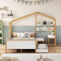 Full Size Wooden House Bed White And Original Wood Colored Frame With Drawer, Desk And Bookshelf For Children Or Guest Room White Wood