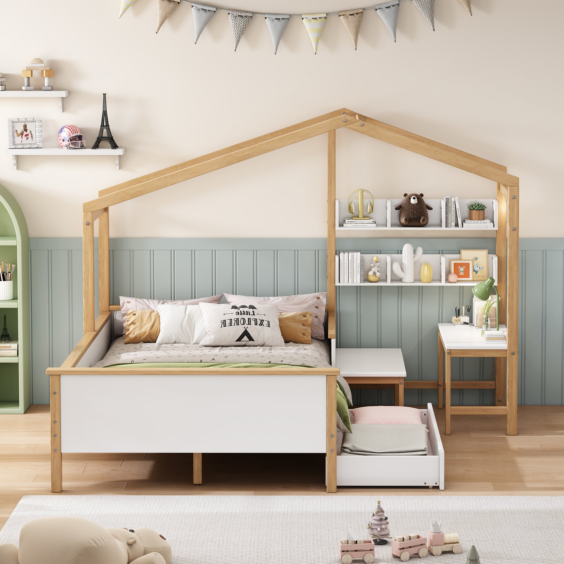 Full Size Wooden House Bed White And Original Wood Colored Frame With Drawer, Desk And Bookshelf For Children Or Guest Room White Wood