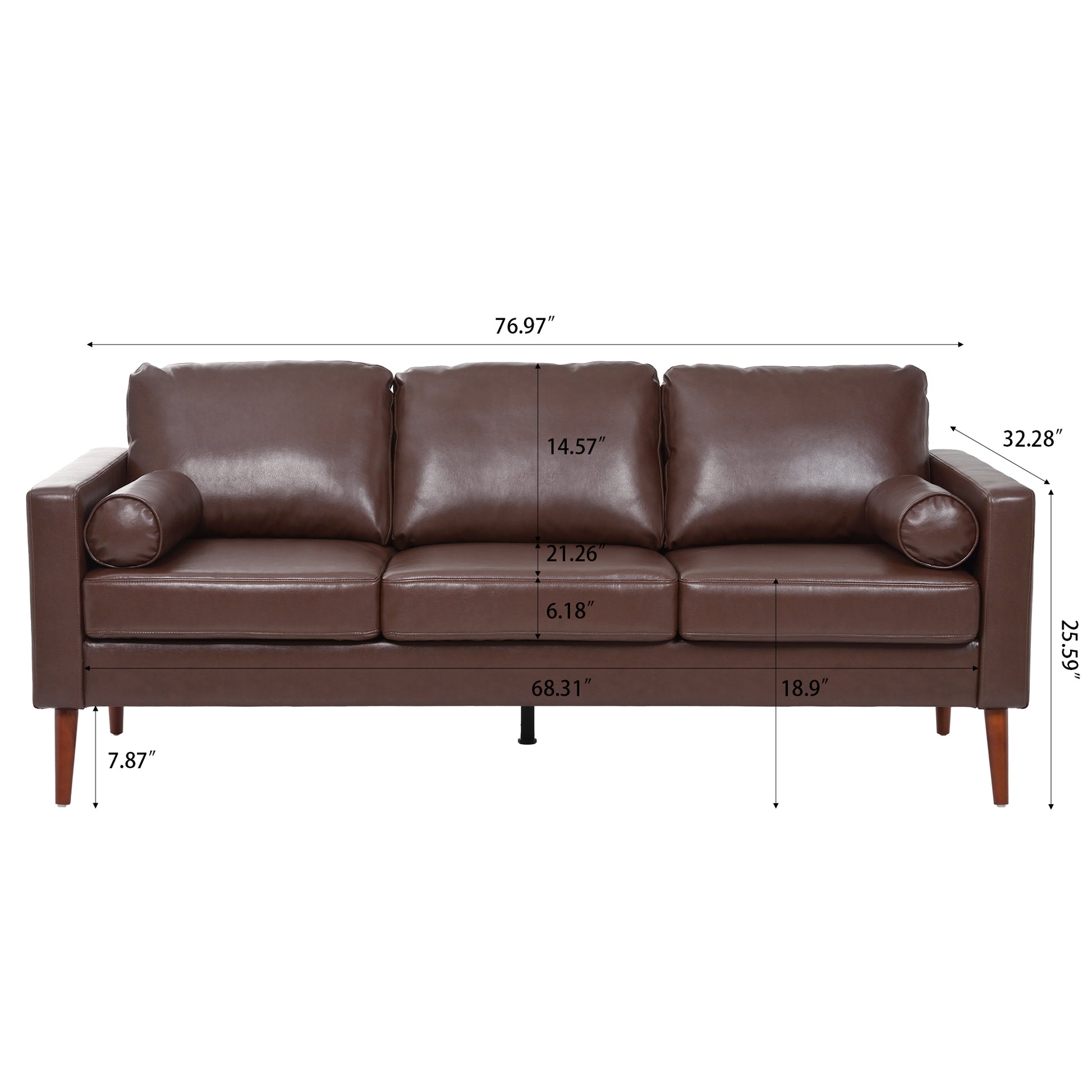 Small Sofa Couch 76.97 In . Brown 3 Seat Comfy Couches For Living Room, Mid Century Modern Couch With Iron Wood Structuresoft Cushion Sofa For Home Office Apartment Brown Foam Pu