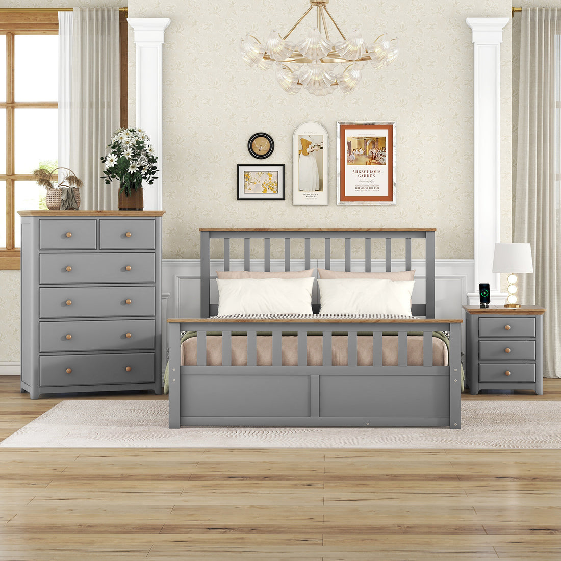 3 Pieces Bedroom Sets Queen Size Platform Bed With Nightstand Usb Charging Ports And Storage Chest,Gray Natrual Gray Solid Wood