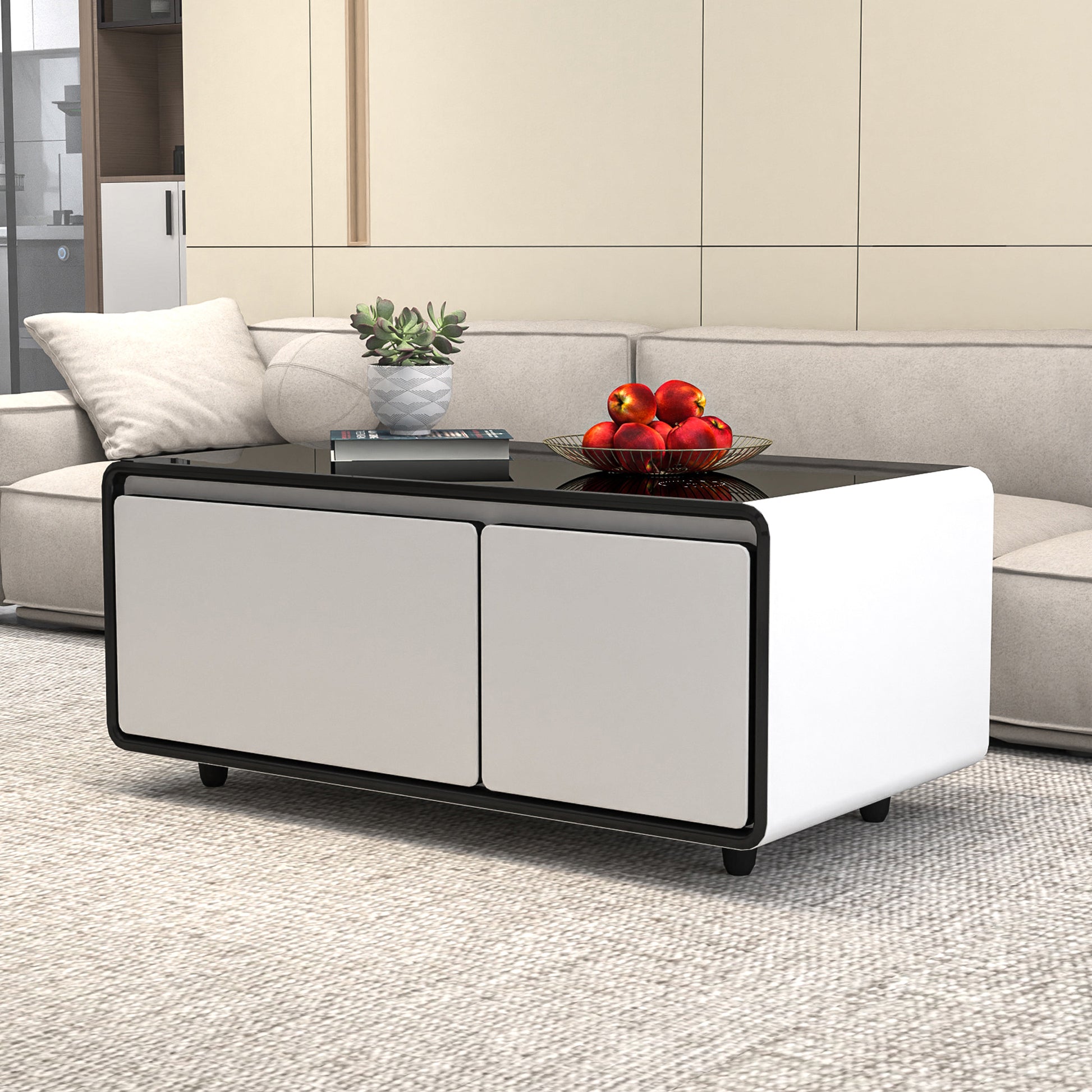 Modern Smart Coffee Table With Built In Fridge, Outlet Protection,Wireless Charging, Mechanical Temperature Control, Power Socket, Usb Interface And Ice Water Interface, White White Built In Outlets Or Usb Primary Living Space Luxury,Modern Freestanding