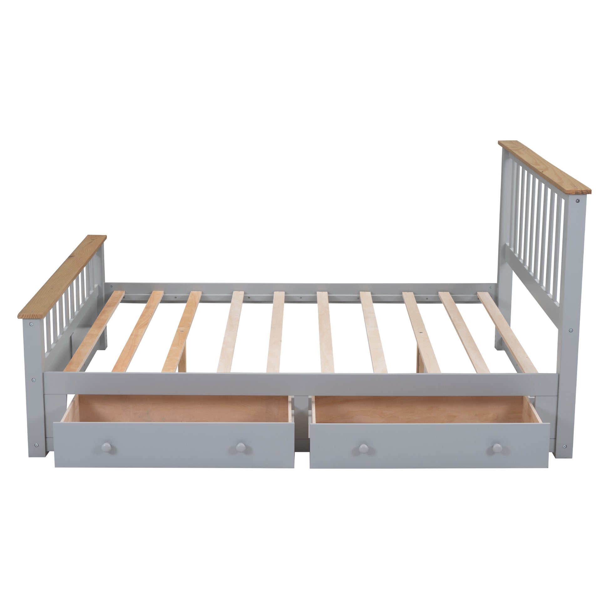Queen Size Wood Platform Bed With Two Drawers And Wooden Slat Support,Gray Natrual Gray Wood