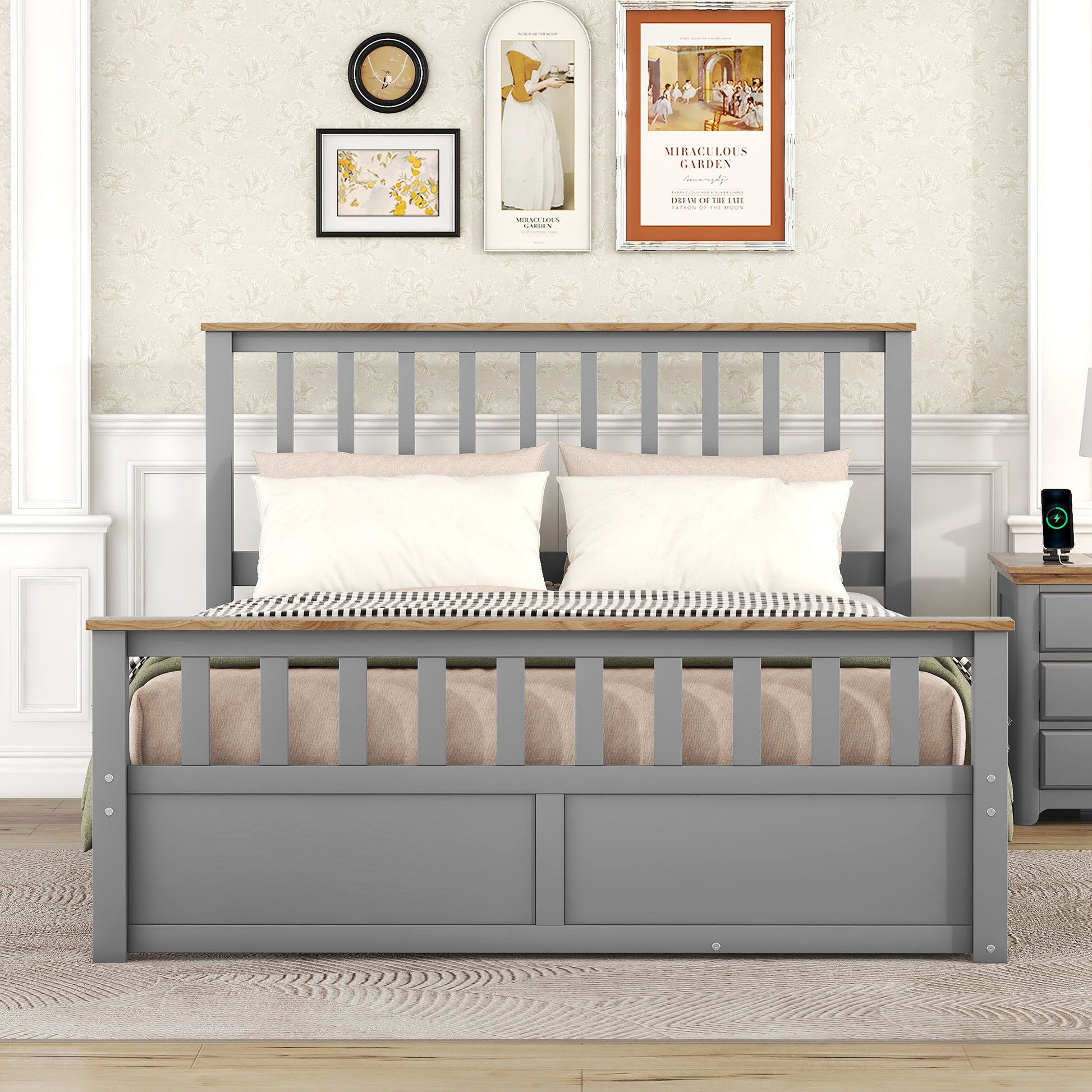 Queen Size Wood Platform Bed With Two Drawers And Wooden Slat Support,Gray Natrual Gray Wood