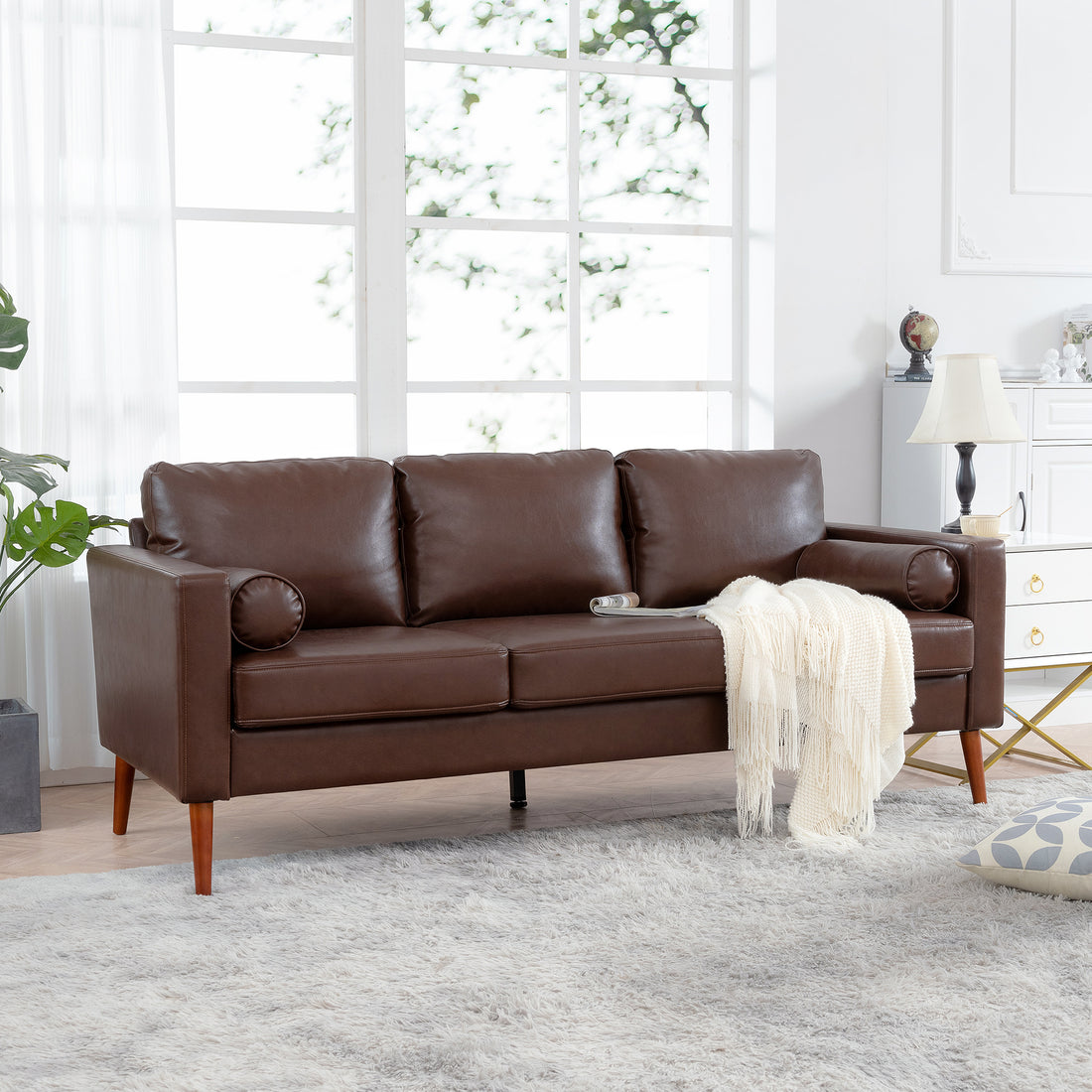 Small Sofa Couch 76.97 In . Brown 3 Seat Comfy Couches For Living Room, Mid Century Modern Couch With Iron Wood Structuresoft Cushion Sofa For Home Office Apartment Brown Foam Pu