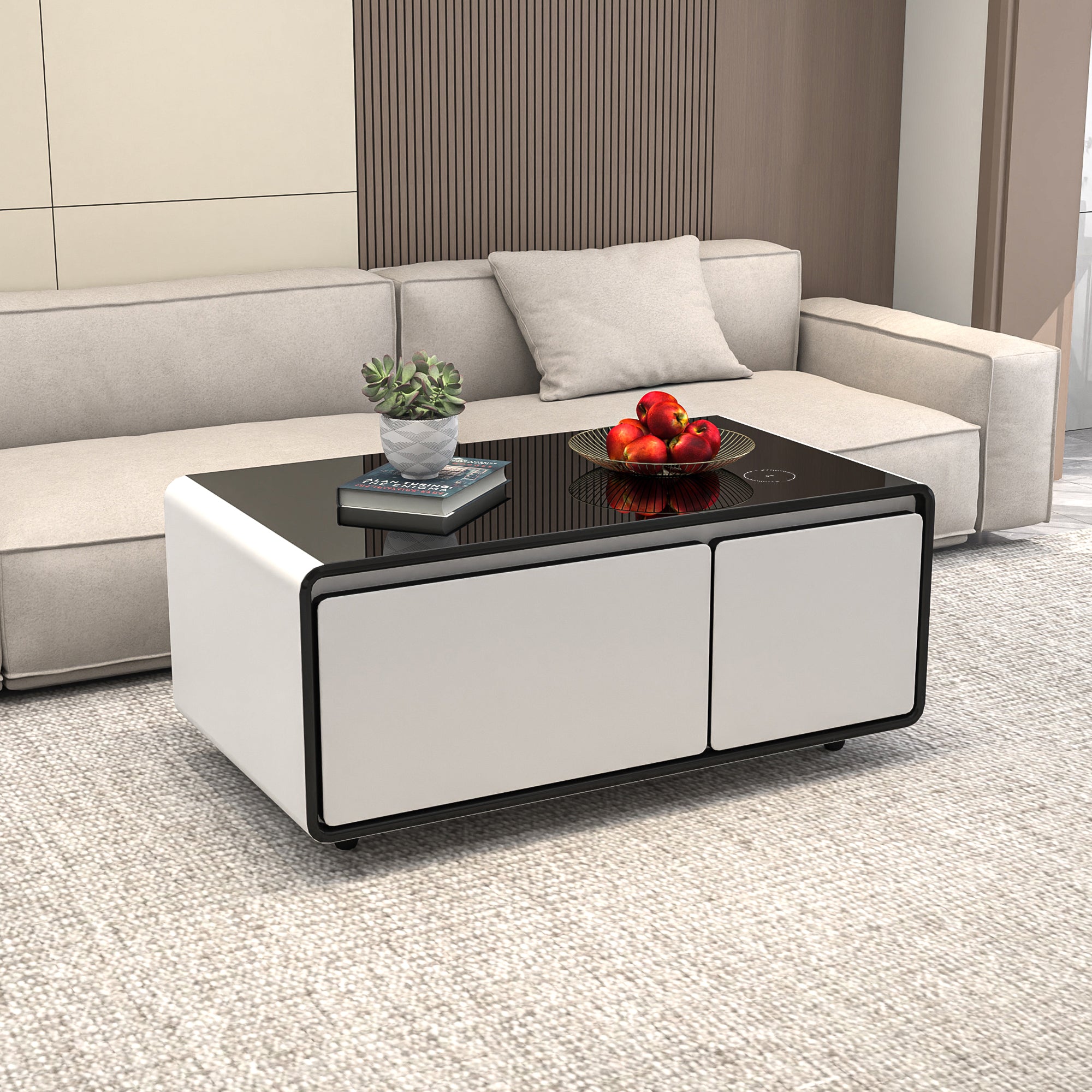 Modern Smart Coffee Table With Built In Fridge, Outlet Protection,Wireless Charging, Mechanical Temperature Control, Power Socket, Usb Interface And Ice Water Interface, White White Built In Outlets Or Usb Primary Living Space Luxury,Modern Freestanding