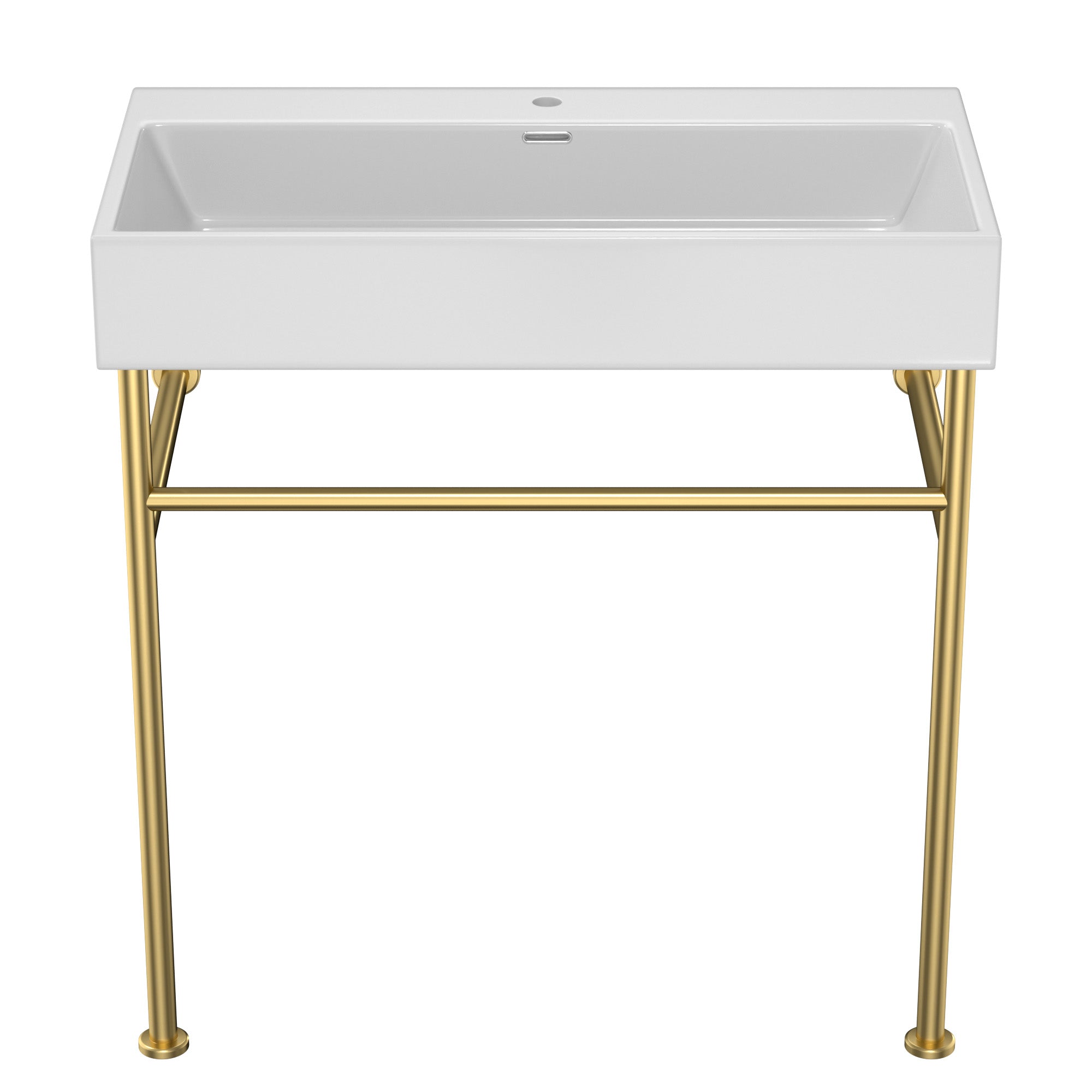 30" Bathroom Console Sink With Overflow,Ceramic Console Sink White Basin Gold Legs White Ceramic