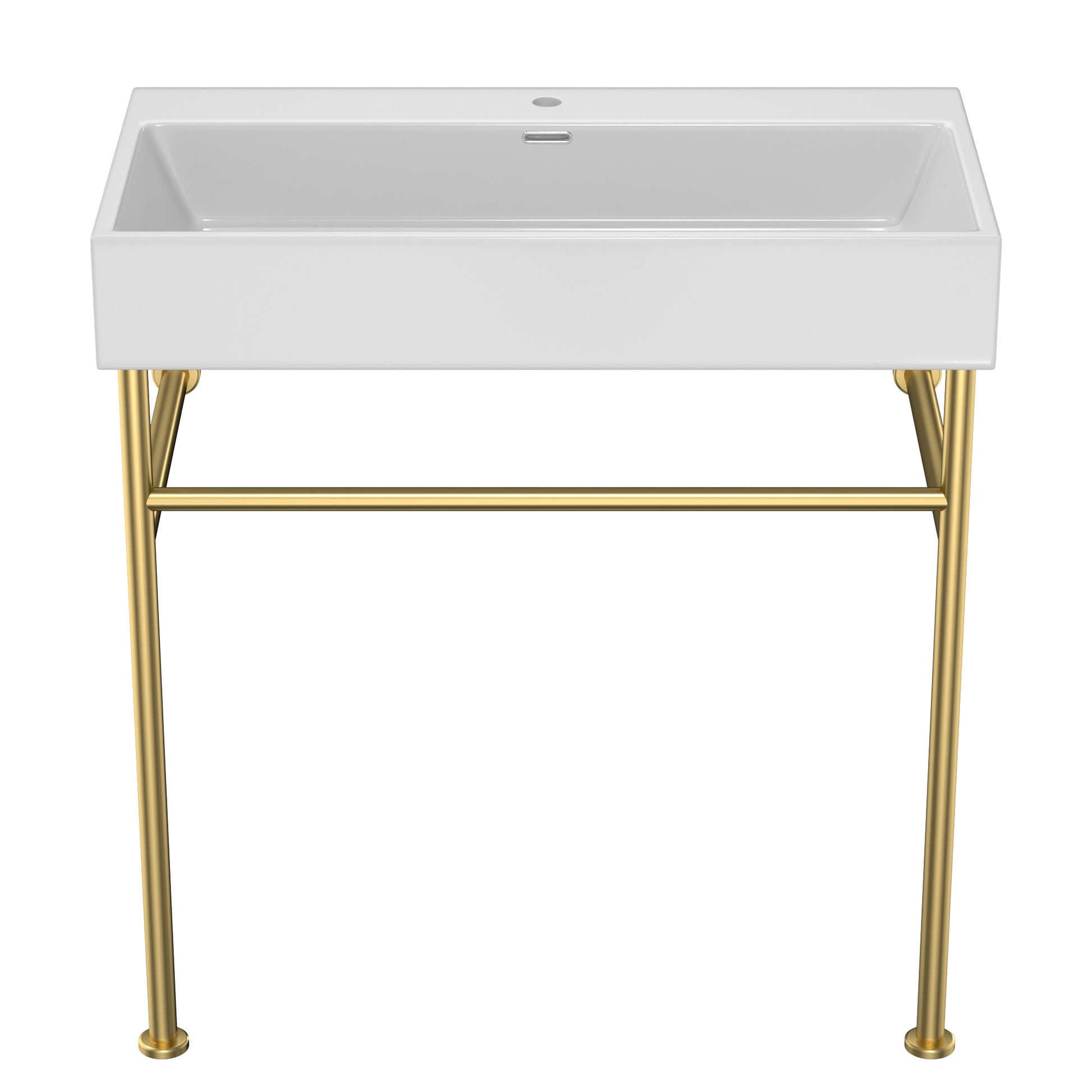 30" Bathroom Console Sink With Overflow,Ceramic Console Sink White Basin Gold Legs White Ceramic