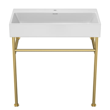 30" Bathroom Console Sink With Overflow,Ceramic Console Sink White Basin Gold Legs White Ceramic