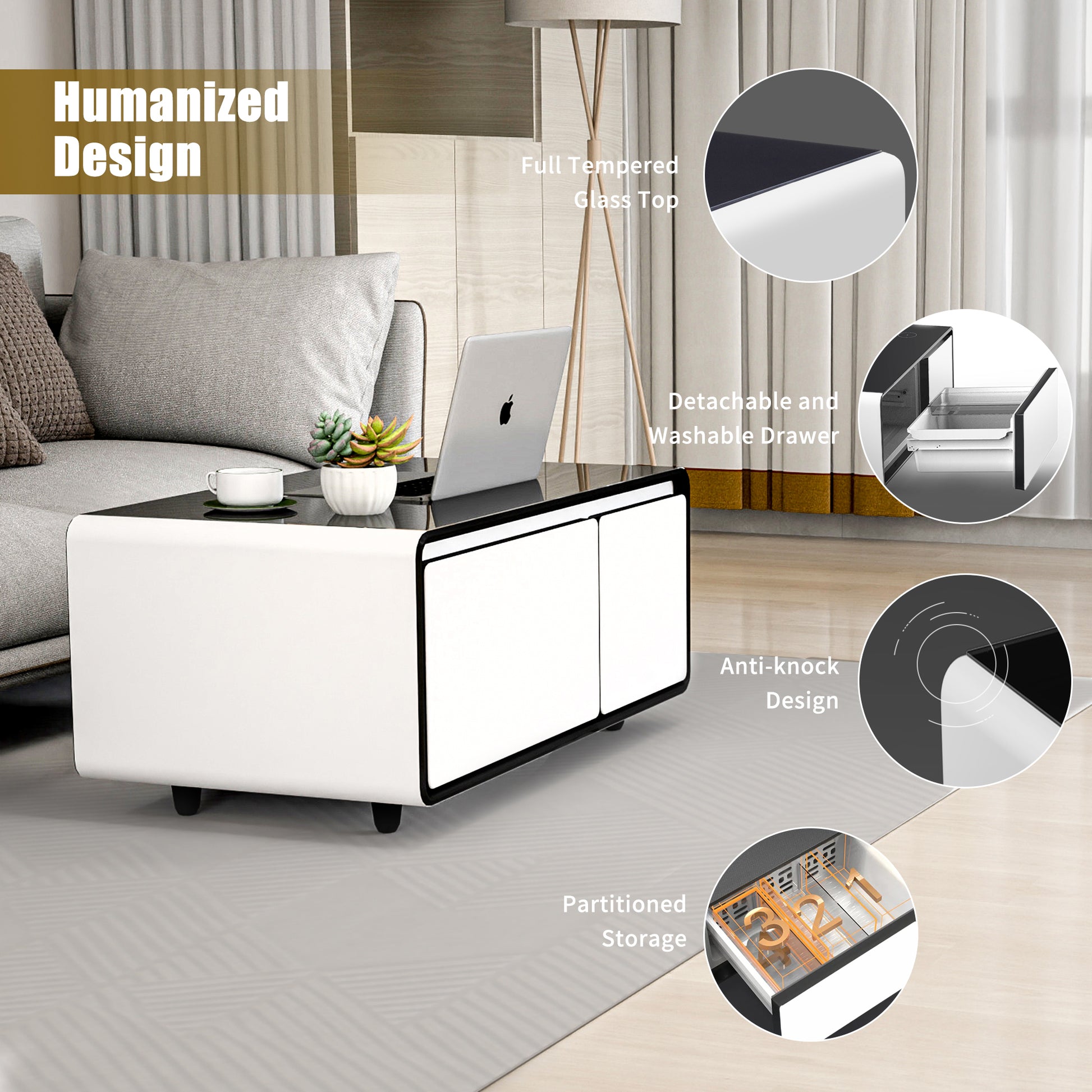 Modern Smart Coffee Table With Built In Fridge, Outlet Protection,Wireless Charging, Mechanical Temperature Control, Power Socket, Usb Interface And Ice Water Interface, White White Built In Outlets Or Usb Primary Living Space Luxury,Modern Freestanding