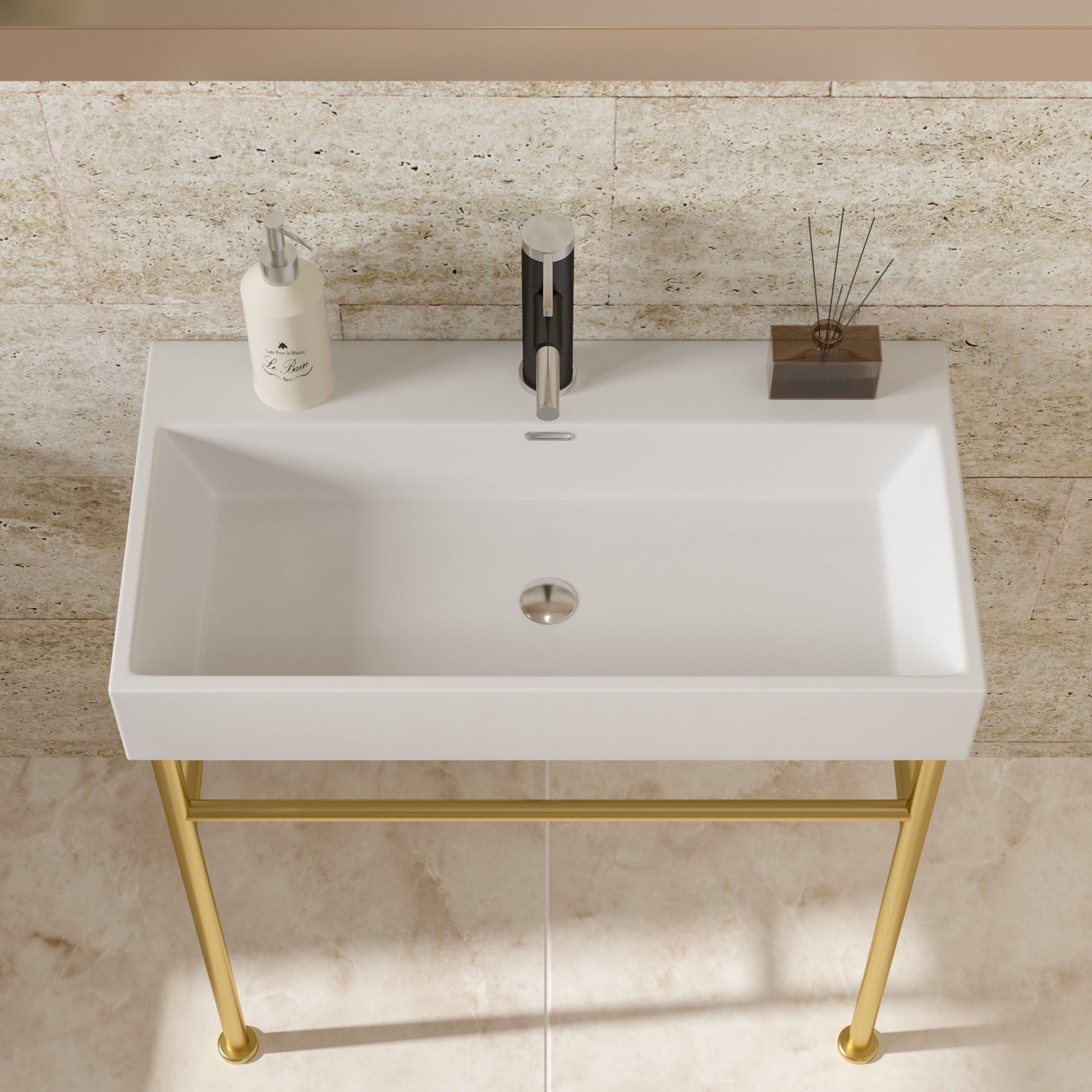 30" Bathroom Console Sink With Overflow,Ceramic Console Sink White Basin Gold Legs White Ceramic
