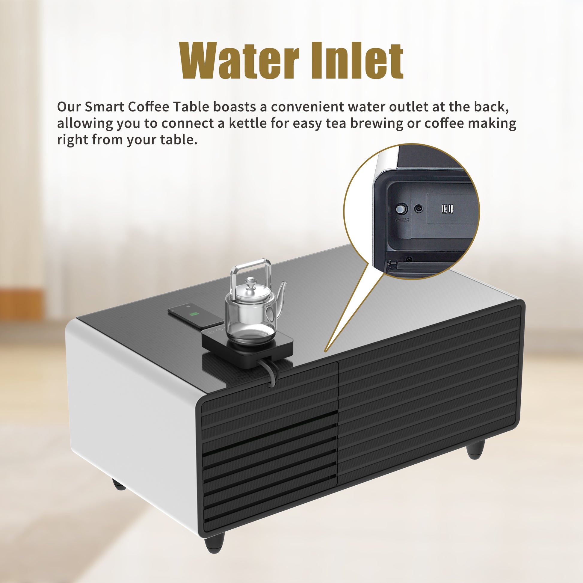 Modern Smart Coffee Table With Built In Fridge, Outlet Protection,Wireless Charging, Mechanical Temperature Control, Power Socket, Usb Interface And Ice Water Interface, White White Built In Outlets Or Usb Primary Living Space Luxury,Modern Freestanding