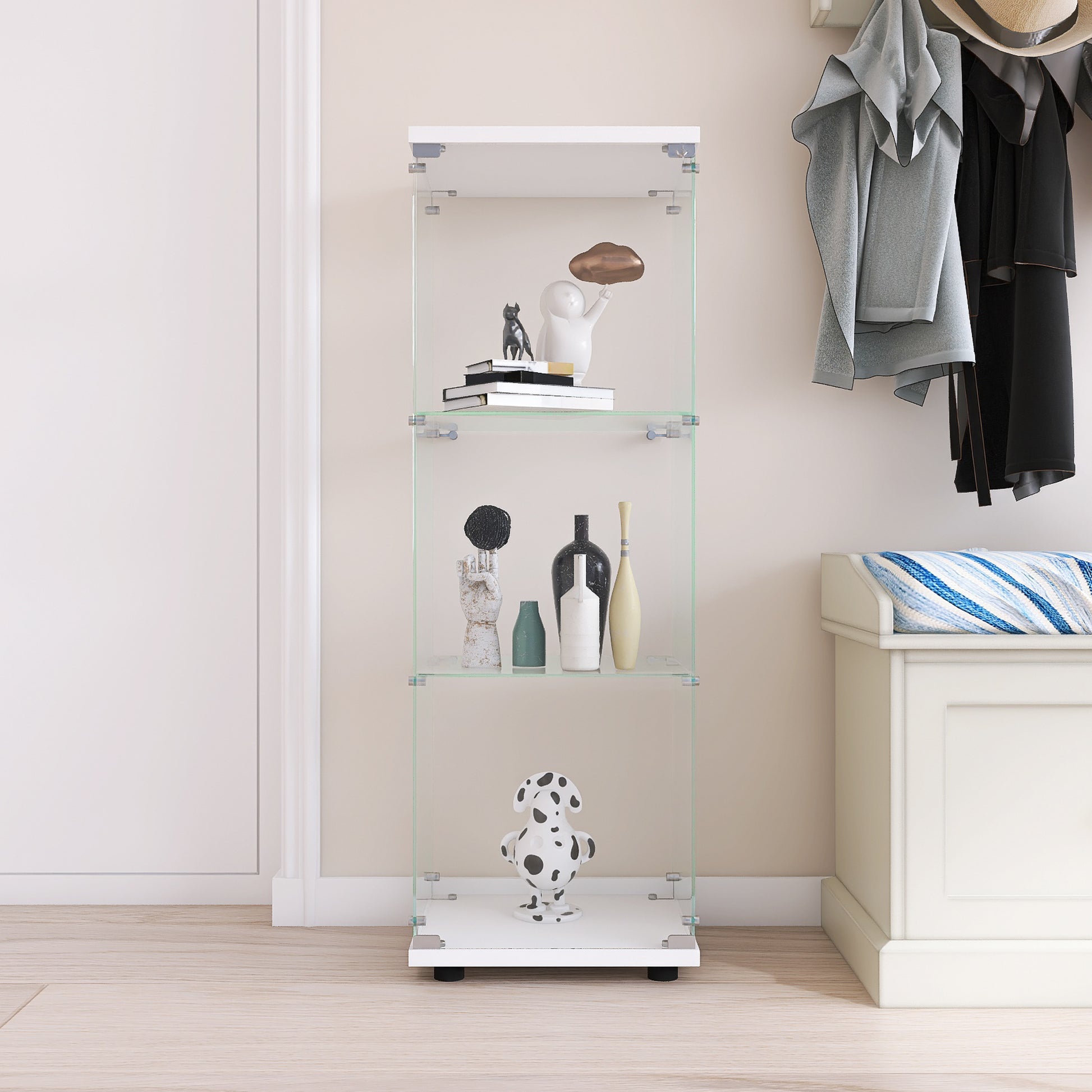 Glass Display Cabinet With 3 Shelves, One Door Curio Cabinets For Living Room, Bedroom, Office, White Floor Standing Glass Bookshelf, Quick Installation White Glass