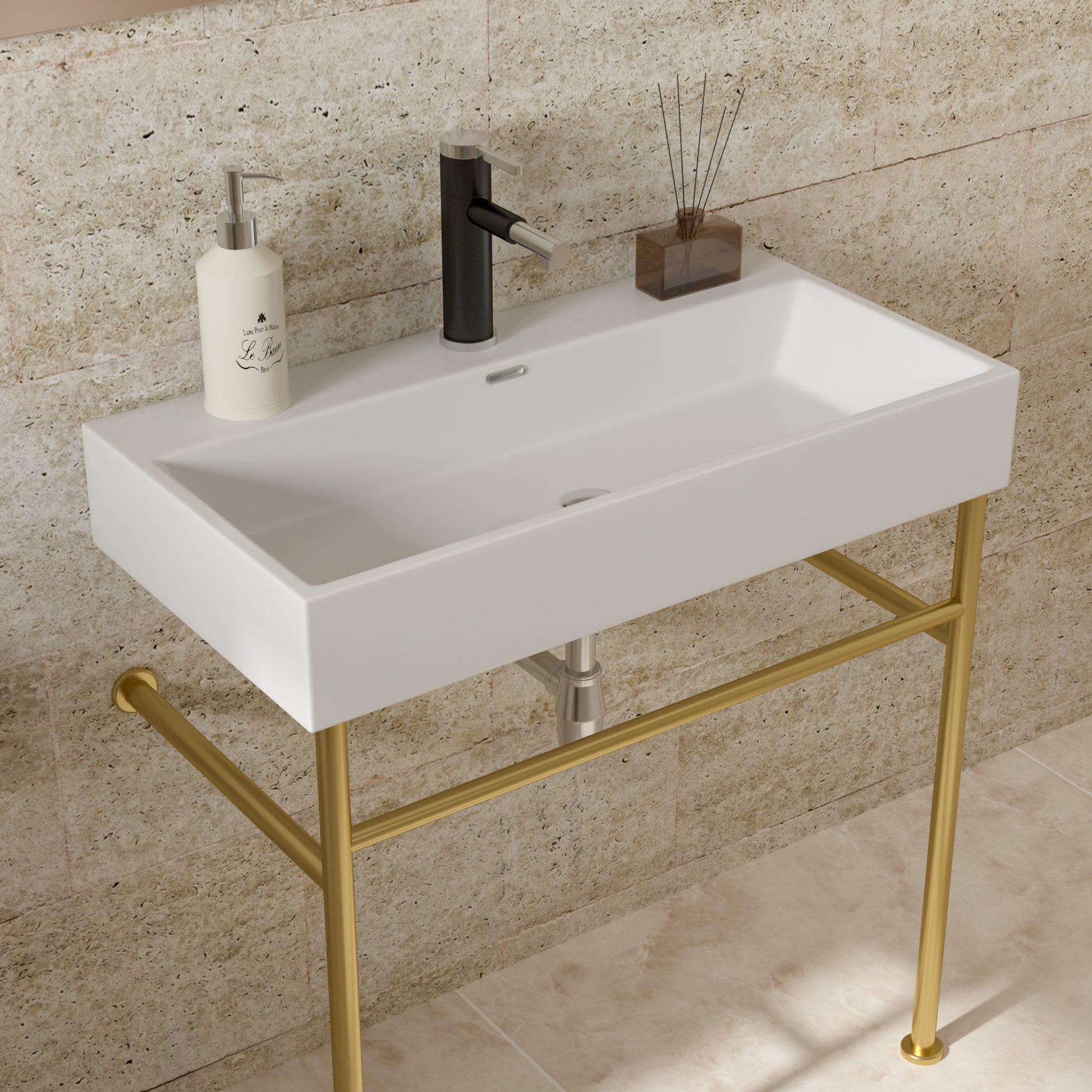30" Bathroom Console Sink With Overflow,Ceramic Console Sink White Basin Gold Legs White Ceramic