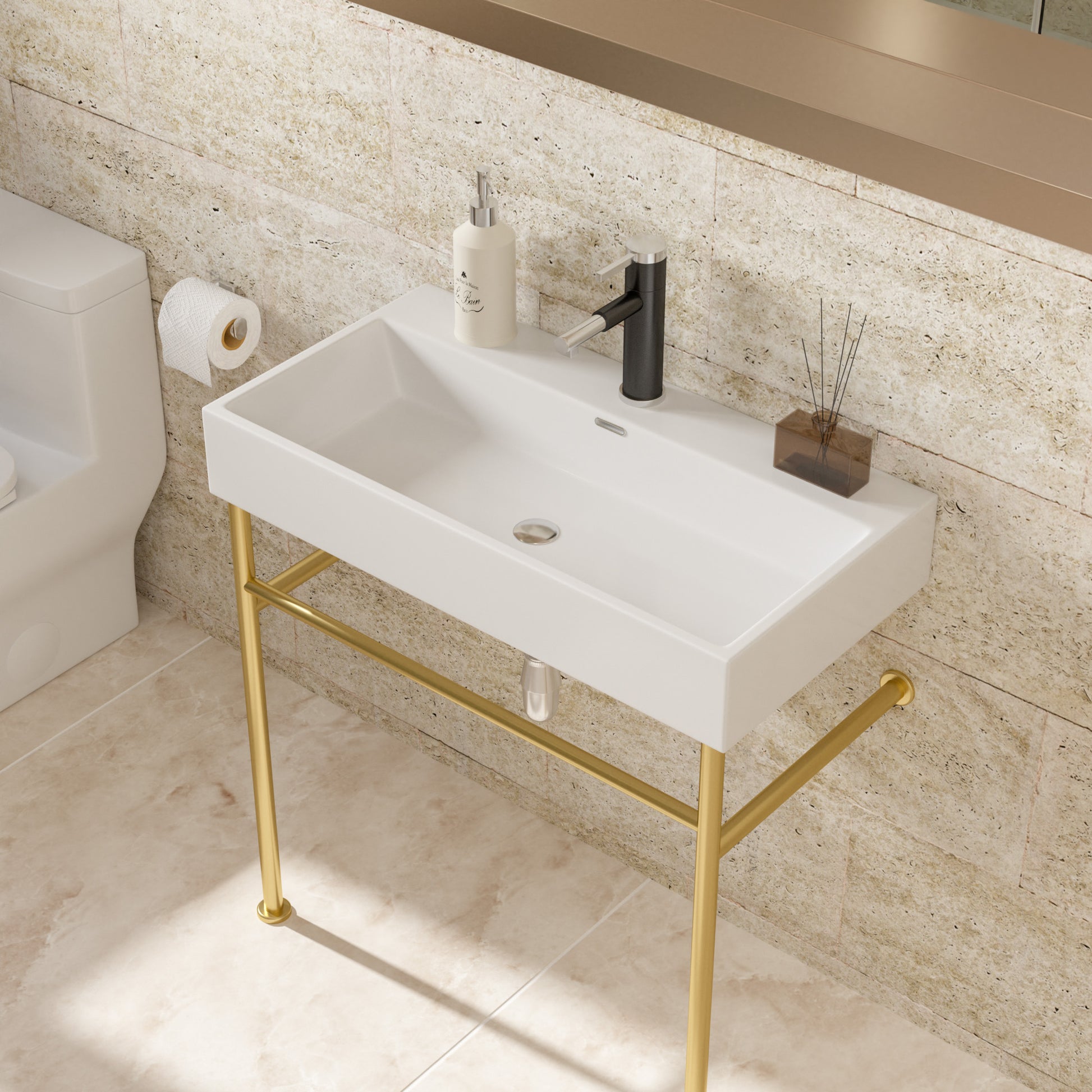 30" Bathroom Console Sink With Overflow,Ceramic Console Sink White Basin Gold Legs White Ceramic