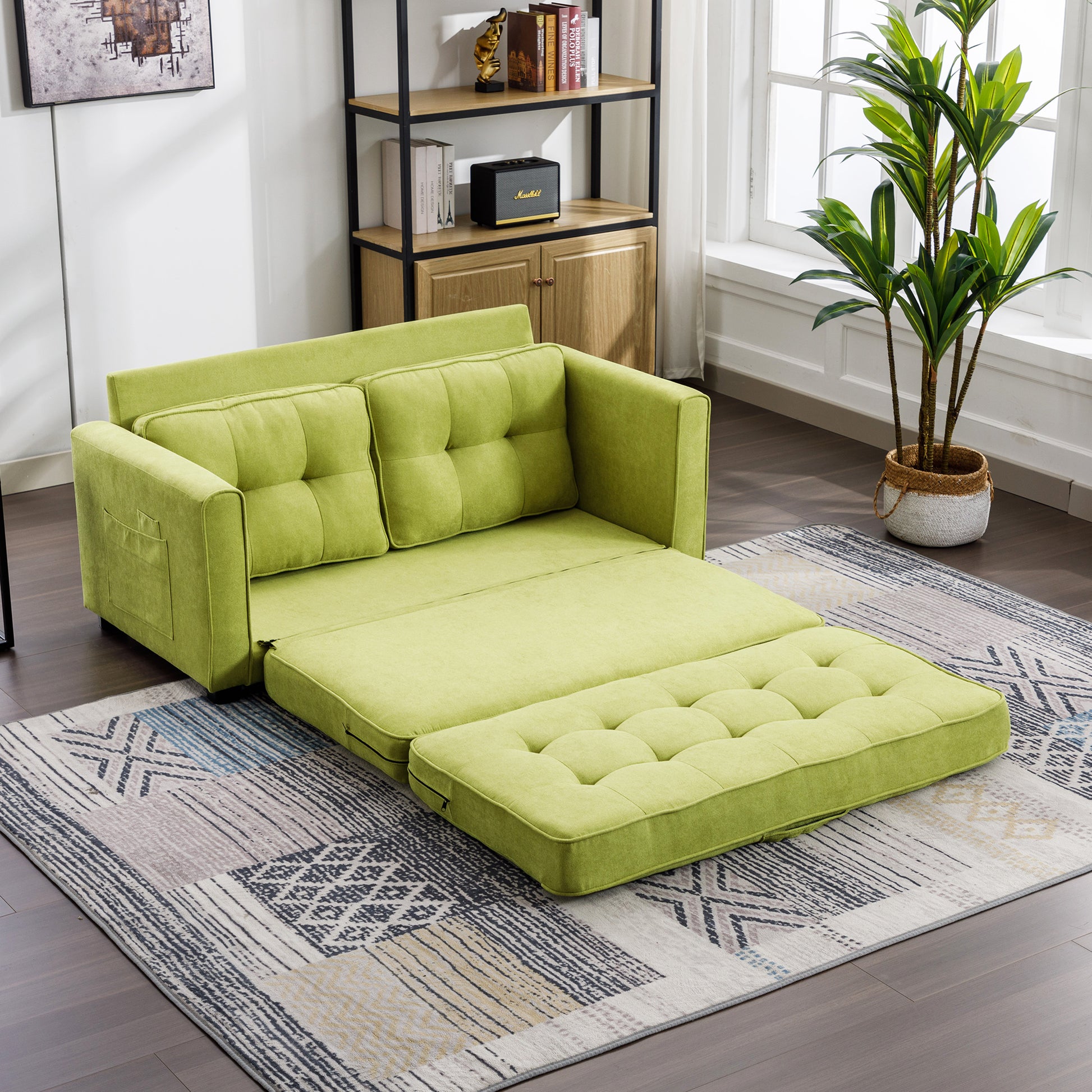 59.4" Loveseat Sofa With Pull Out Bed Modern Upholstered Couch With Side Pocket For Living Room Office, Green Green Chenille