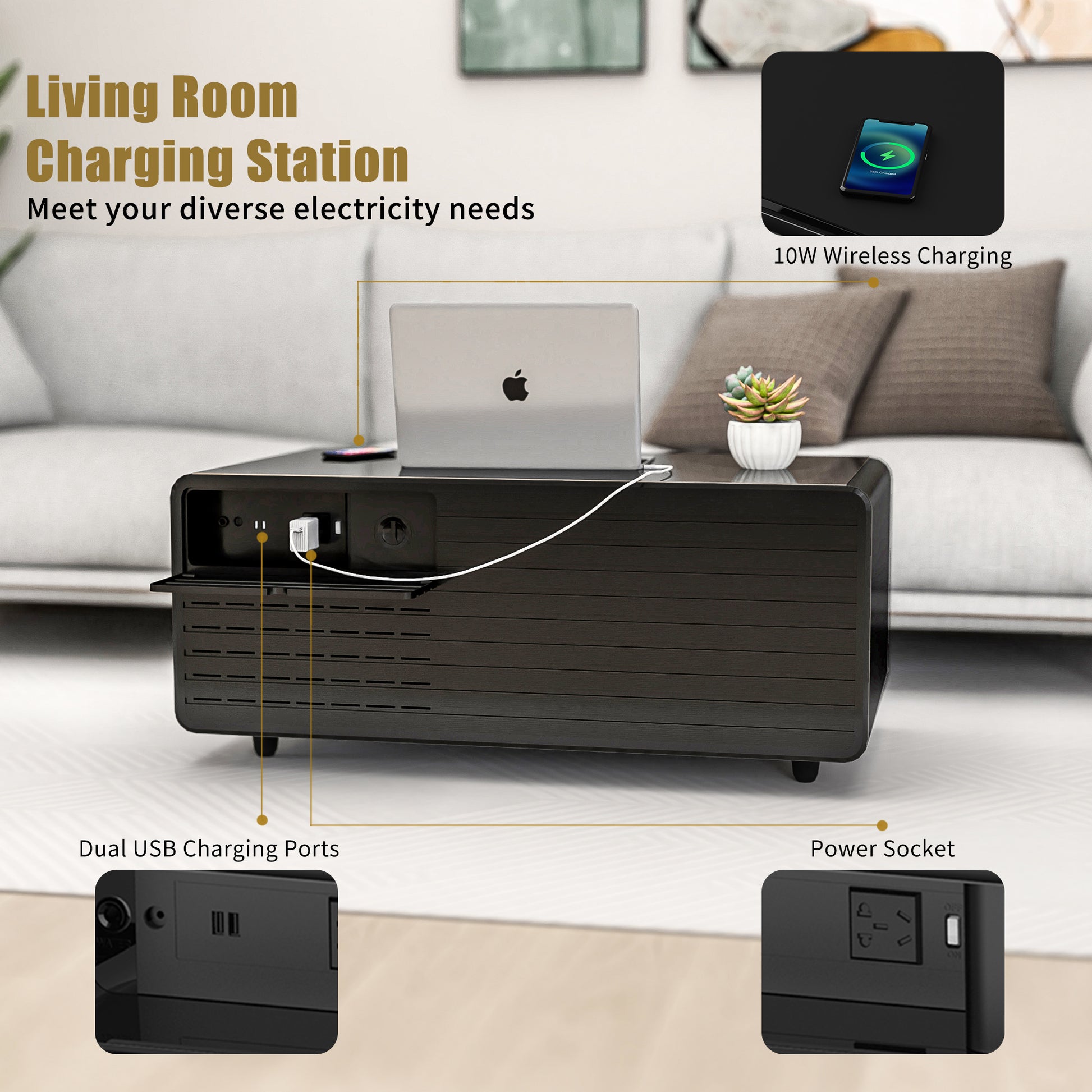 Modern Smart Coffee Table With Built In Fridge, Wireless Charging, Power Socket, Usb Interface, Outlet Protection, Mechanical Temperature Control And Ice Water Interface, Black Black Primary Living Space Luxury,Modern Rectangular Coffee & End Tables Abs