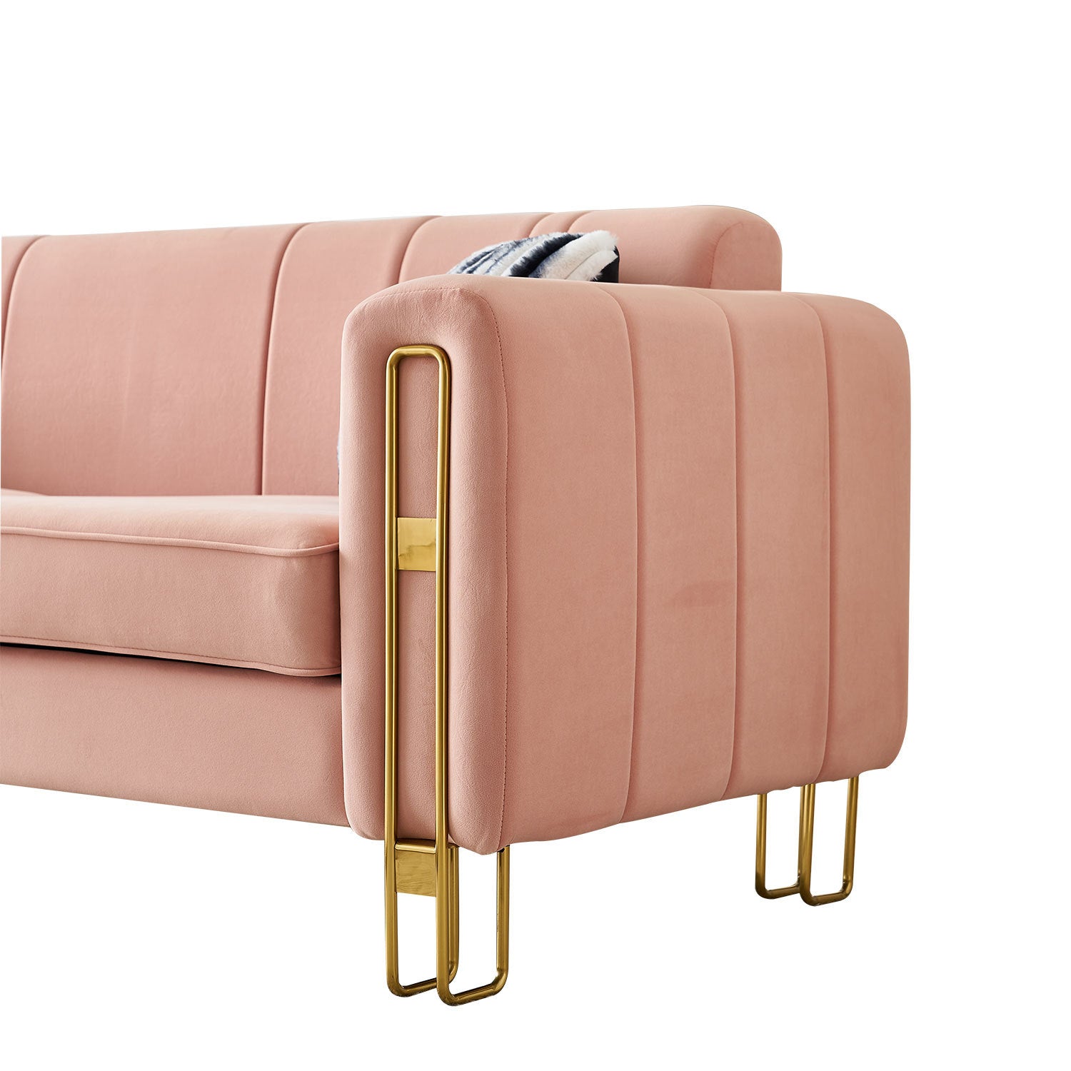 Modern Velvet Sofa 85.04 Inch For Living Room Blush Pink Color Brush Pink Teddy Velvet Wood Tufted Back Modern Square Arms Foam Velvet 2 Seat